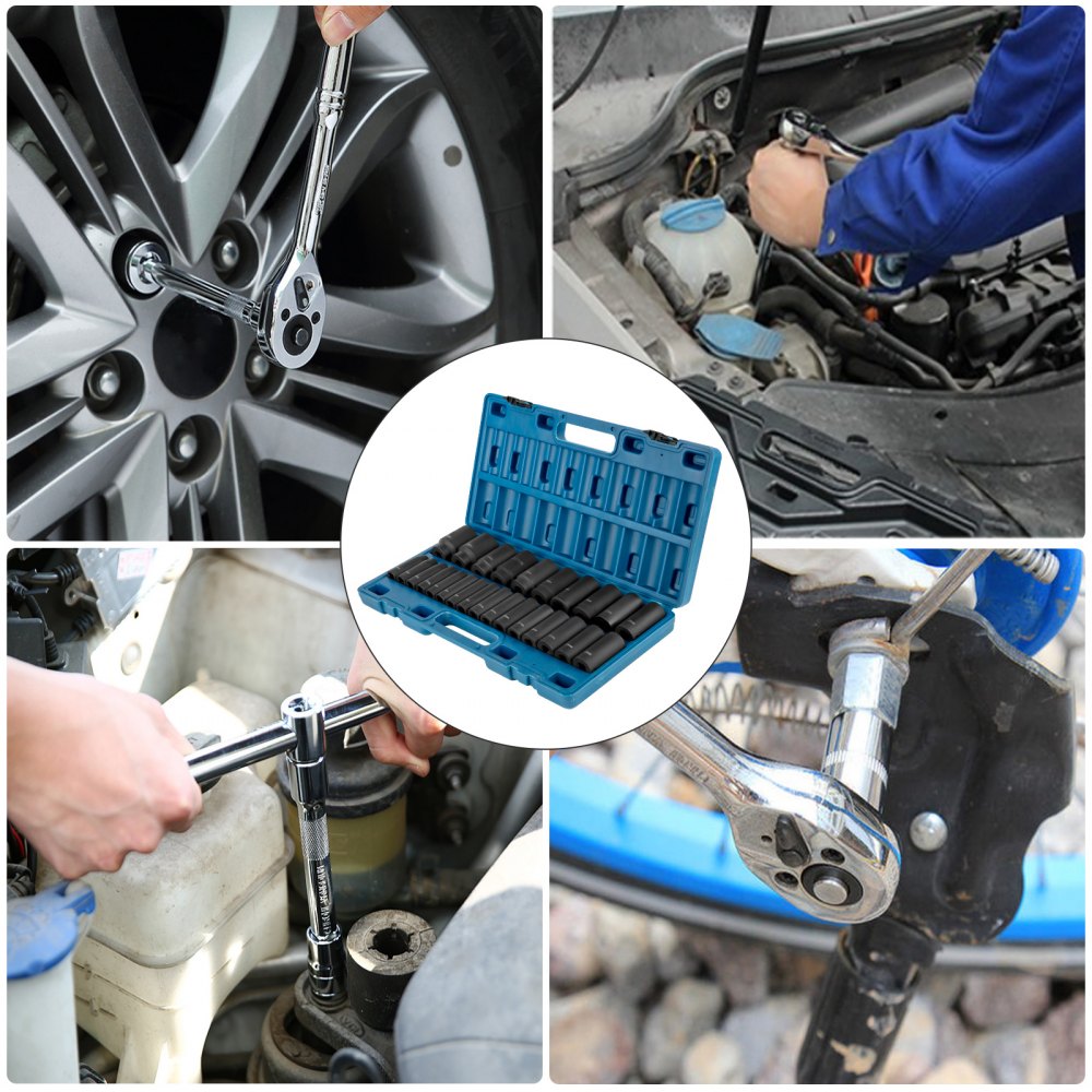 VEVOR Juego de vasos de impacto de 1/2", 26 piezas, vasos de impacto métricos de 10-36 mm de profundidad, acero de aleación Cr-V de 6 puntos, con estuche de transporte, para reparación de automóviles