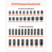 VEVOR Juego de vasos de impacto de 1/2", 43 piezas, vasos de impacto métricos estándar profundos de 9-30 mm, acero de aleación CR-V de 6 puntos, con barra de extensión y estuche de transporte