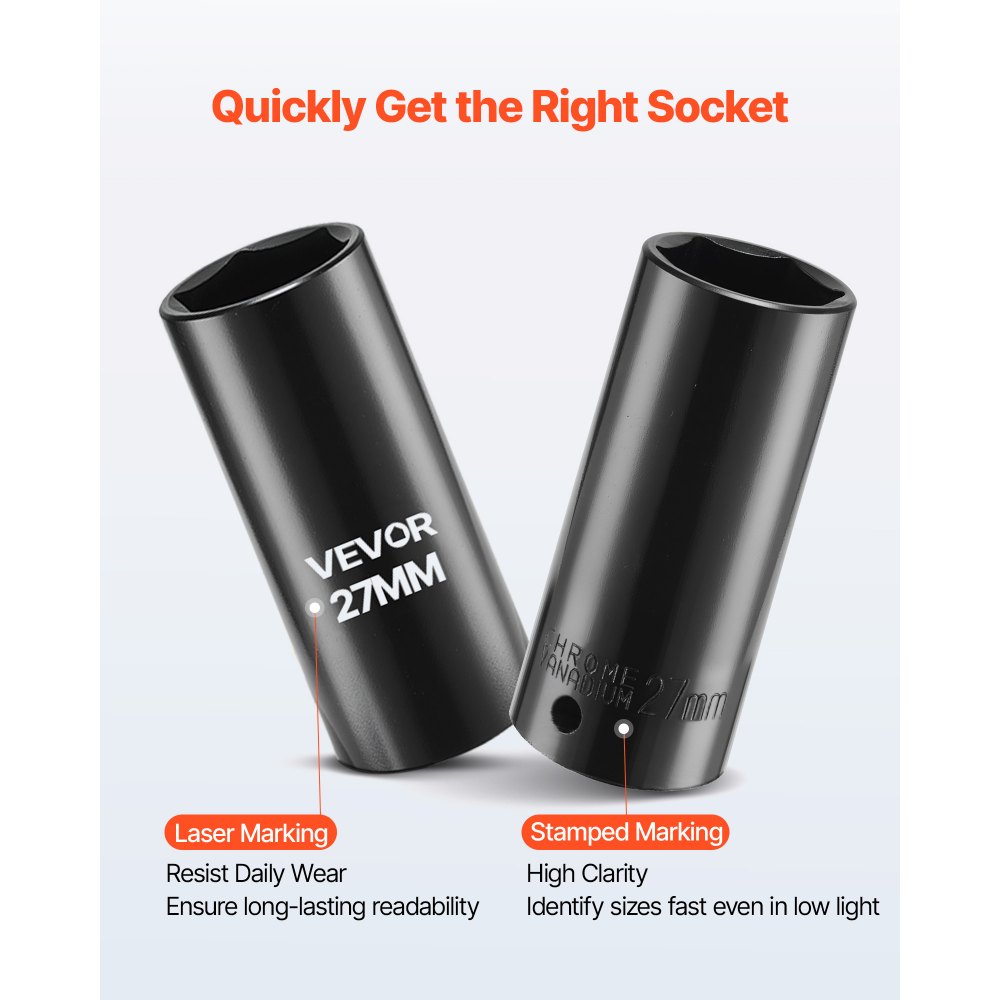 VEVOR Juego de Vasos de Impacto de 39 Piezas con Entrada de 12,7 mm, Profunda y Superficial, Métricos de 9 a 30 mm, Acero al Cromo-Vanadio, Doble Marcaje de Tamaño, para Mantenimiento Automotriz