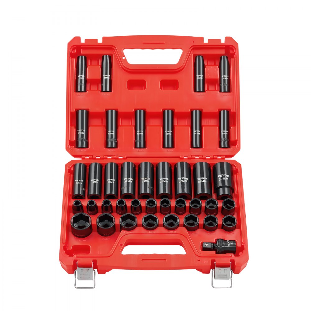VEVOR Juego de Vasos de Impacto de 39 Piezas con Entrada de 12,7 mm, Profunda y Superficial, Métricos de 9 a 30 mm, Acero al Cromo-Vanadio, Doble Marcaje de Tamaño, para Mantenimiento Automotriz