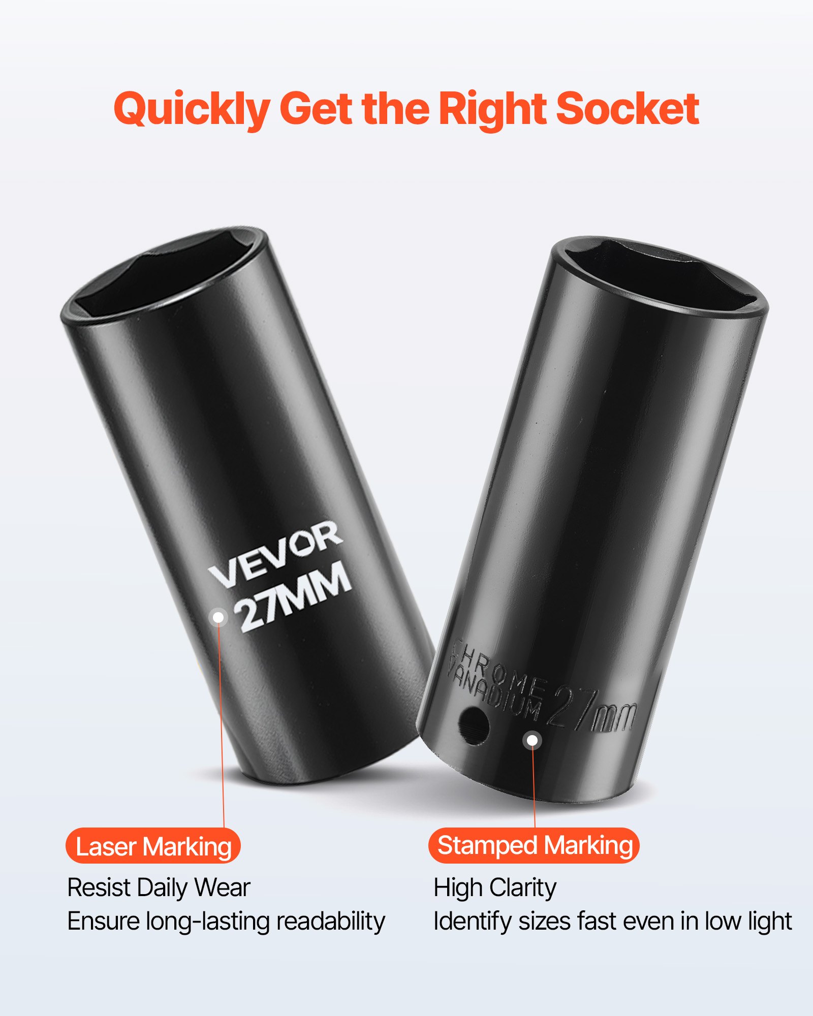 VEVOR Juego de Vasos de Impacto de 39 Piezas con Entrada de 12,7 mm, Profunda y Superficial, Métricos de 9 a 30 mm, Acero al Cromo-Vanadio, Doble Marcaje de Tamaño, para Mantenimiento Automotriz