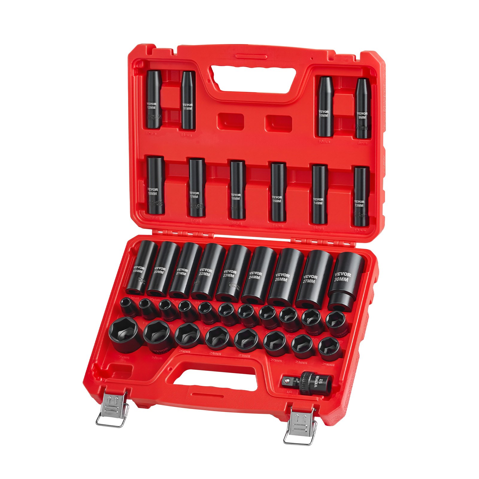 VEVOR Juego de Vasos de Impacto de 39 Piezas con Entrada de 12,7 mm, Profunda y Superficial, Métricos de 9 a 30 mm, Acero al Cromo-Vanadio, Doble Marcaje de Tamaño, para Mantenimiento Automotriz