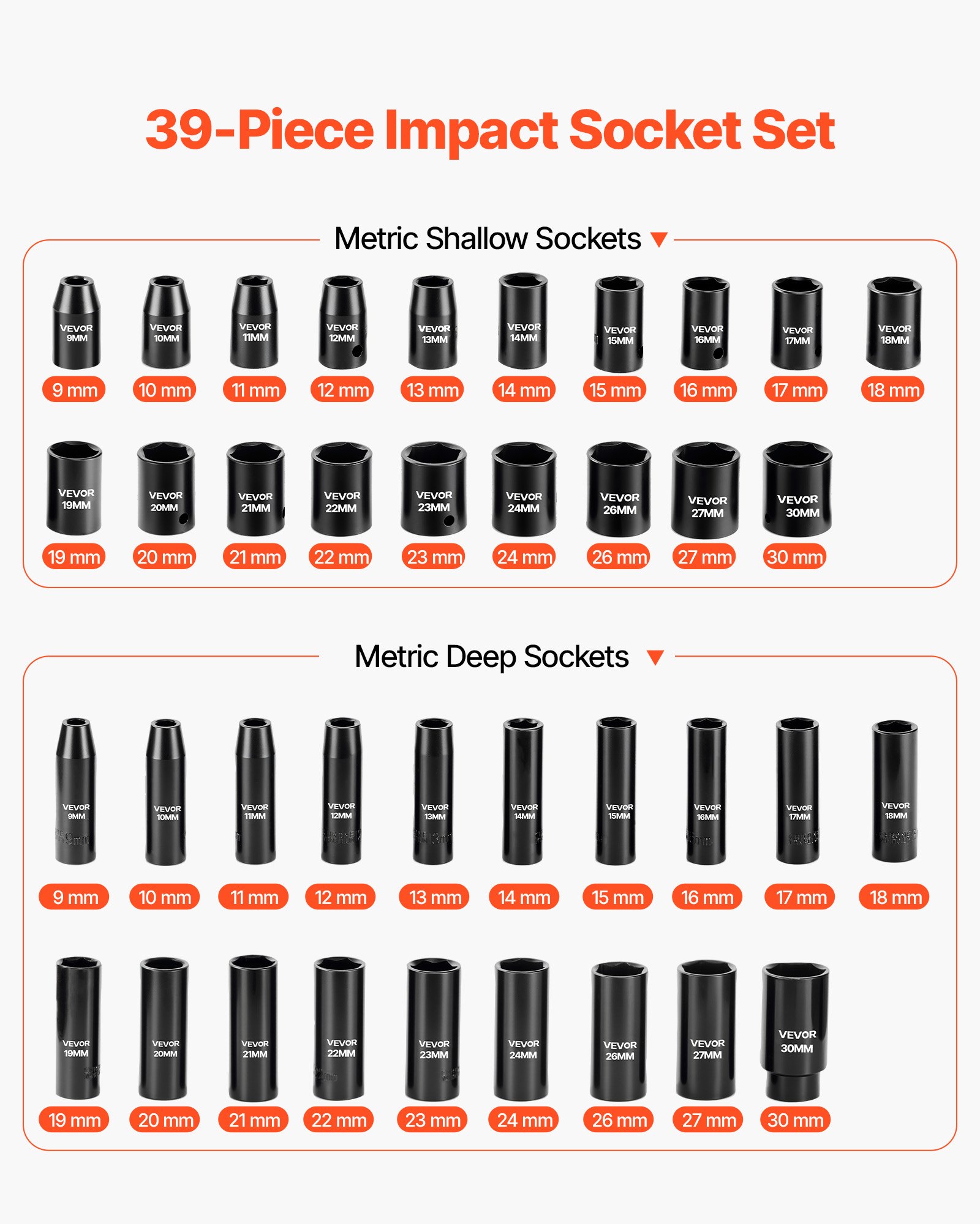 VEVOR Juego de Vasos de Impacto de 39 Piezas con Entrada de 12,7 mm, Profunda y Superficial, Métricos de 9 a 30 mm, Acero al Cromo-Vanadio, Doble Marcaje de Tamaño, para Mantenimiento Automotriz