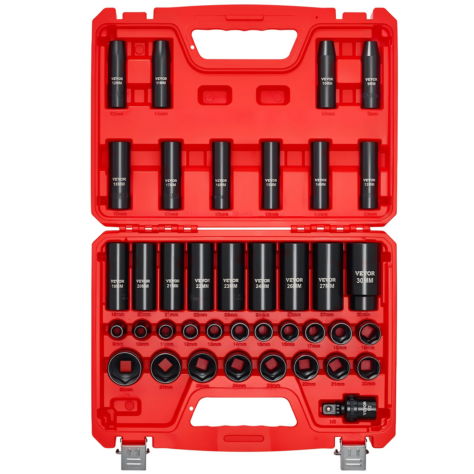 VEVOR Juego de Vasos de Impacto de 39 Piezas con Entrada de 12,7 mm, Profunda y Superficial, Métricos de 9 a 30 mm, Acero al Cromo-Vanadio, Doble Marcaje de Tamaño, para Mantenimiento Automotriz