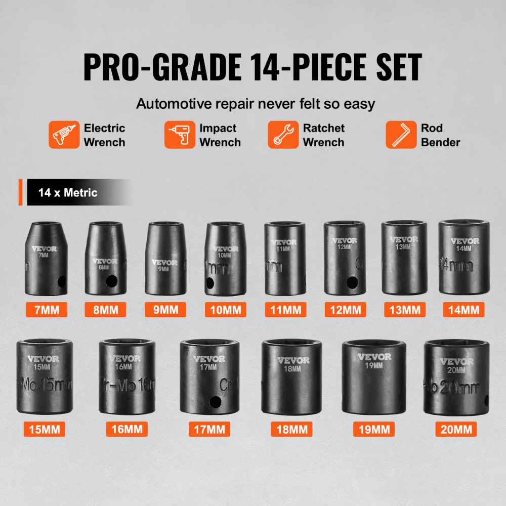 VEVOR Juego de Vasos de Impacto 3/8" Juego de Vasos de Impacto Métricos 14 piezas 7-20 mm Acero de Aleación CR-Mo 6 Puntos Marcas de Tamaño Fáciles de Leer para Reparación de Automóviles, Taller