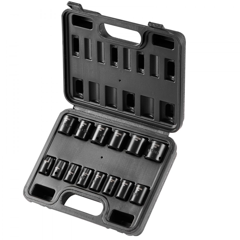 VEVOR 3/8-inch Impact Socket Set, 14-Piece Flat Socket Set Metric 7-20 mm, 6-Point Cr-Mo Alloy Steel for Automotive Repair, Easy-to-Read Size Markings, Robust Construction, Includes Storage Case