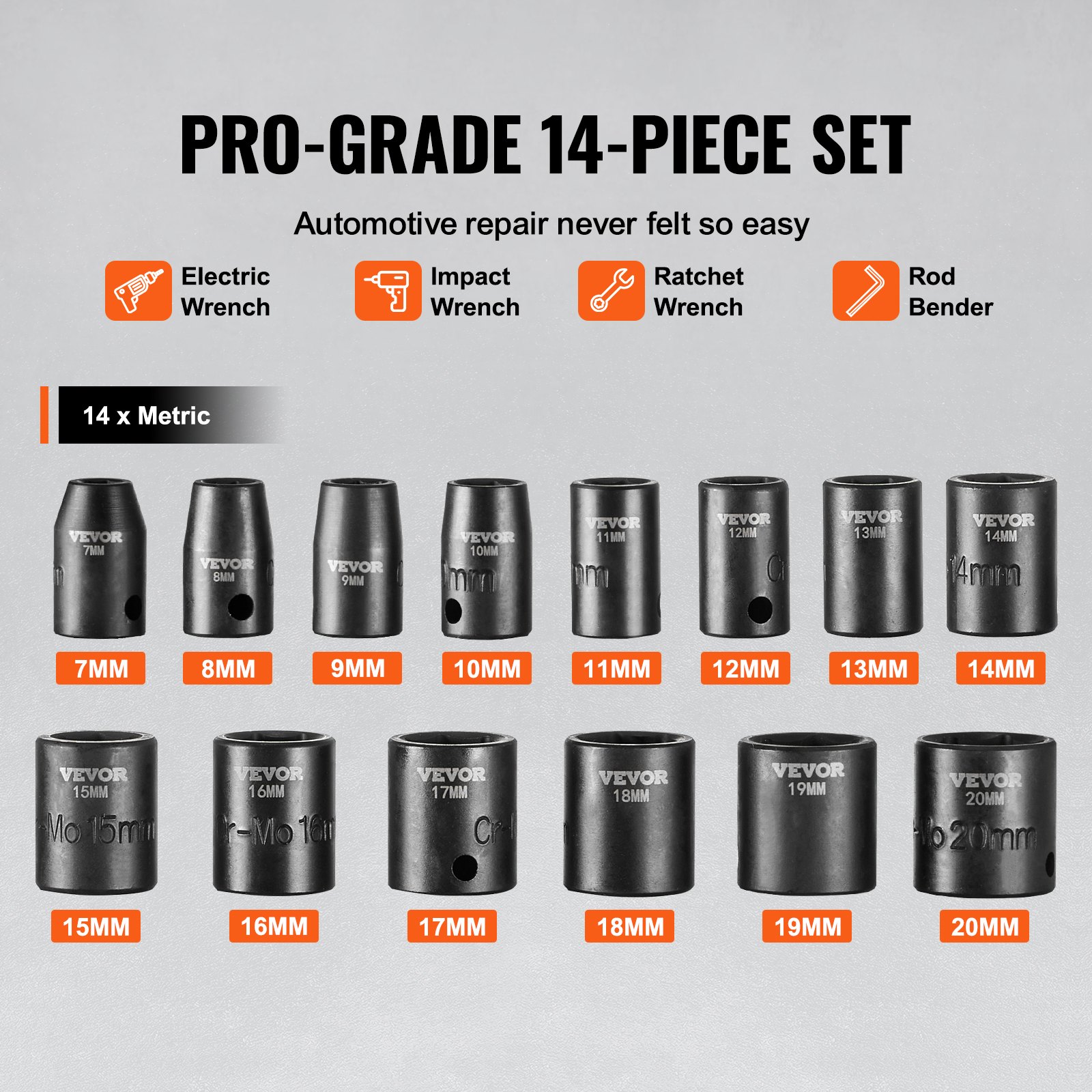 VEVOR 3/8-inch Impact Socket Set, 14-Piece Flat Socket Set Metric 7-20 mm, 6-Point Cr-Mo Alloy Steel for Automotive Repair, Easy-to-Read Size Markings, Robust Construction, Includes Storage Case