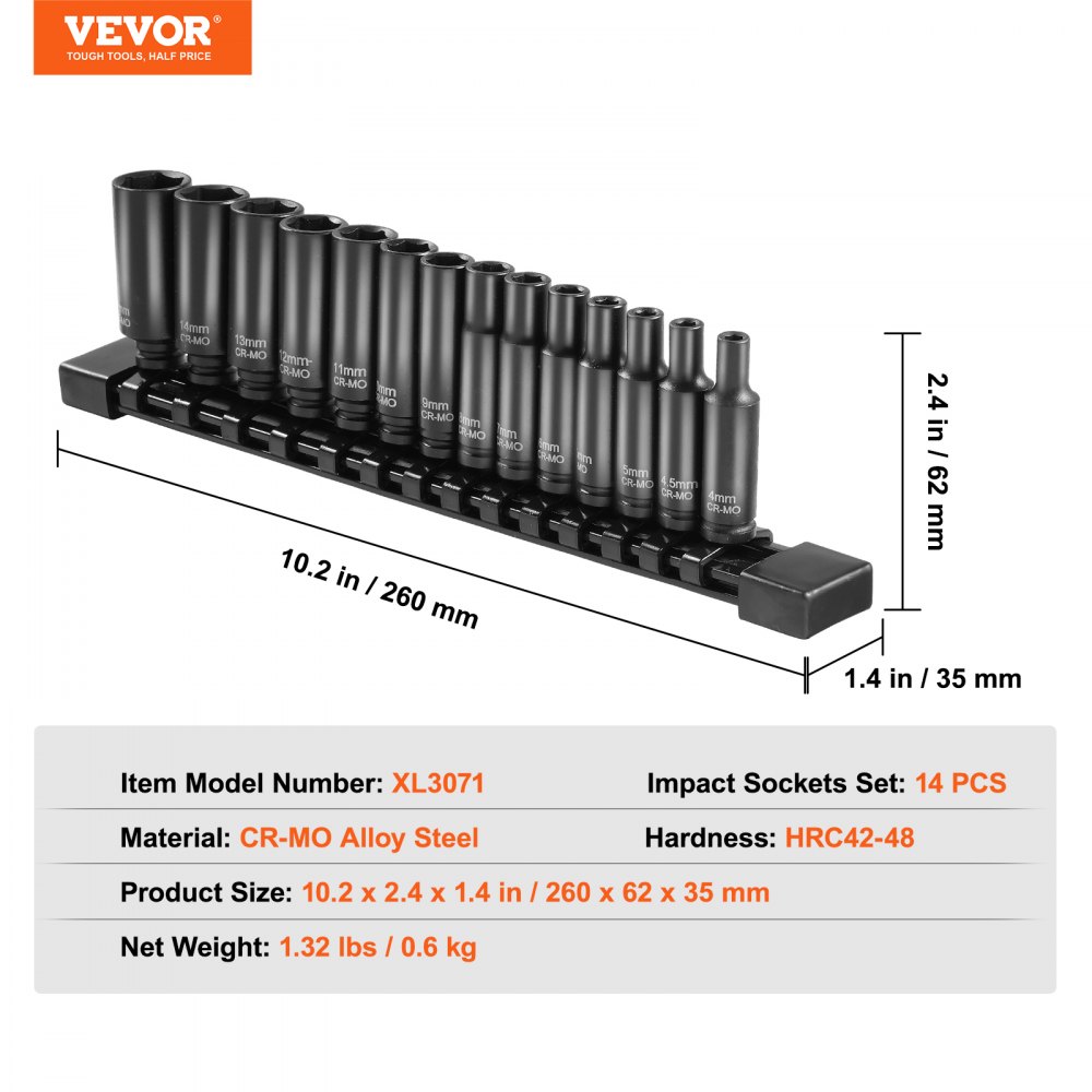 VEVOR 1/4" Drive Impact Socket Set, 14 Piece Deep Socket Set Metric 4-15mm, 6 Point Cr-Mo Alloy Steel for Auto Repair, Easy-to-Read Size Markings, Rugged Construction, Socket Organizer