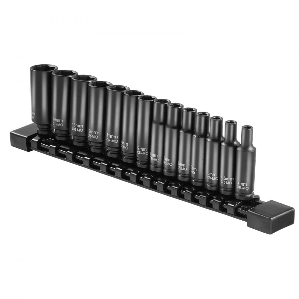 VEVOR 1/4" Drive Impact Socket Set, 14 Piece Deep Socket Set Metric 4-15mm, 6 Point Cr-Mo Alloy Steel for Auto Repair, Easy-to-Read Size Markings, Rugged Construction, Socket Organizer