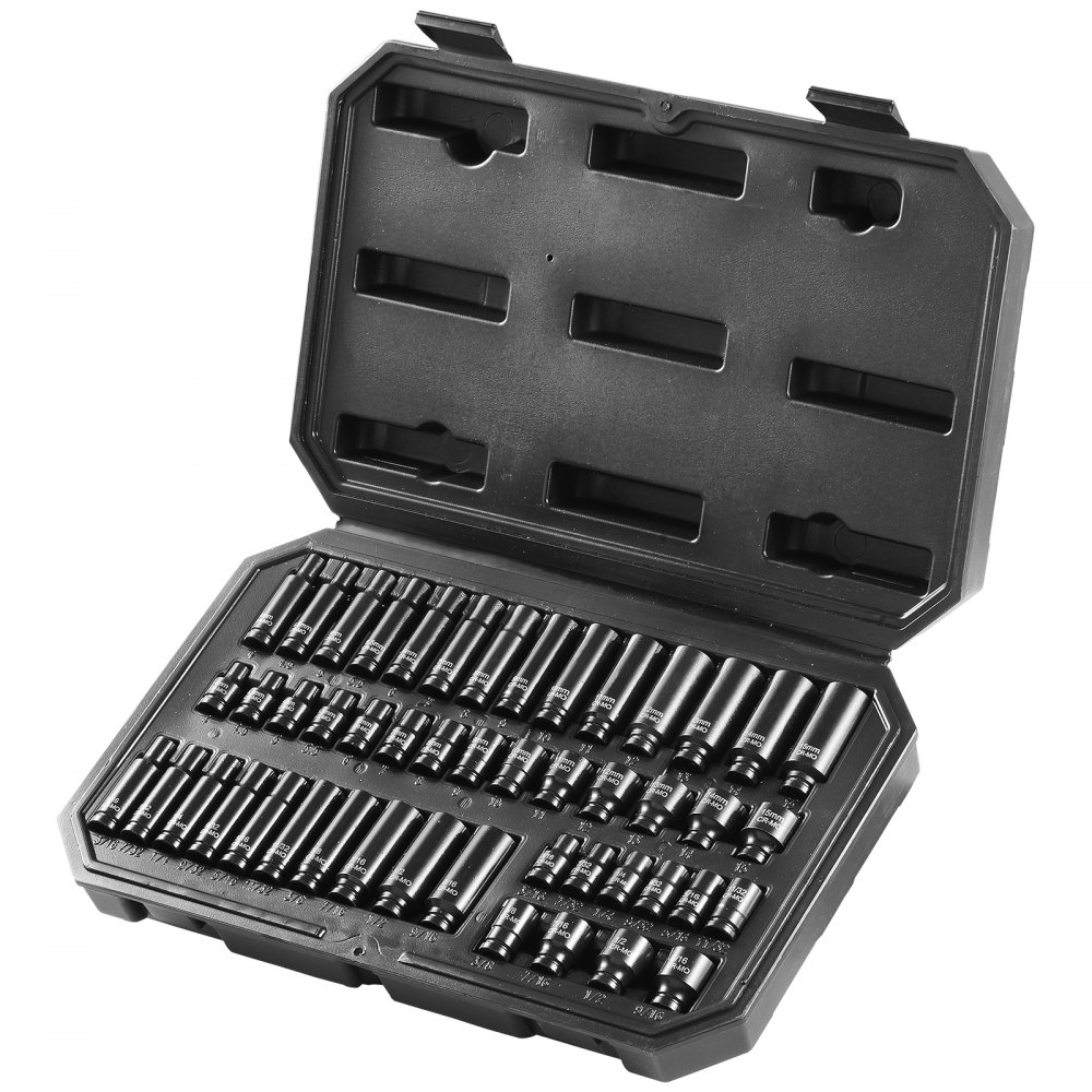 VEVOR Juego de Vasos de Impacto con Impulsión de 6,35 mm 48 piezas Dados Profundos y Poco Profundos SAE de 4,8 a 14,3 mm y Métricos de 4 a 15 mm 6 Puntas Cr-Mo para Reparación de Automóviles