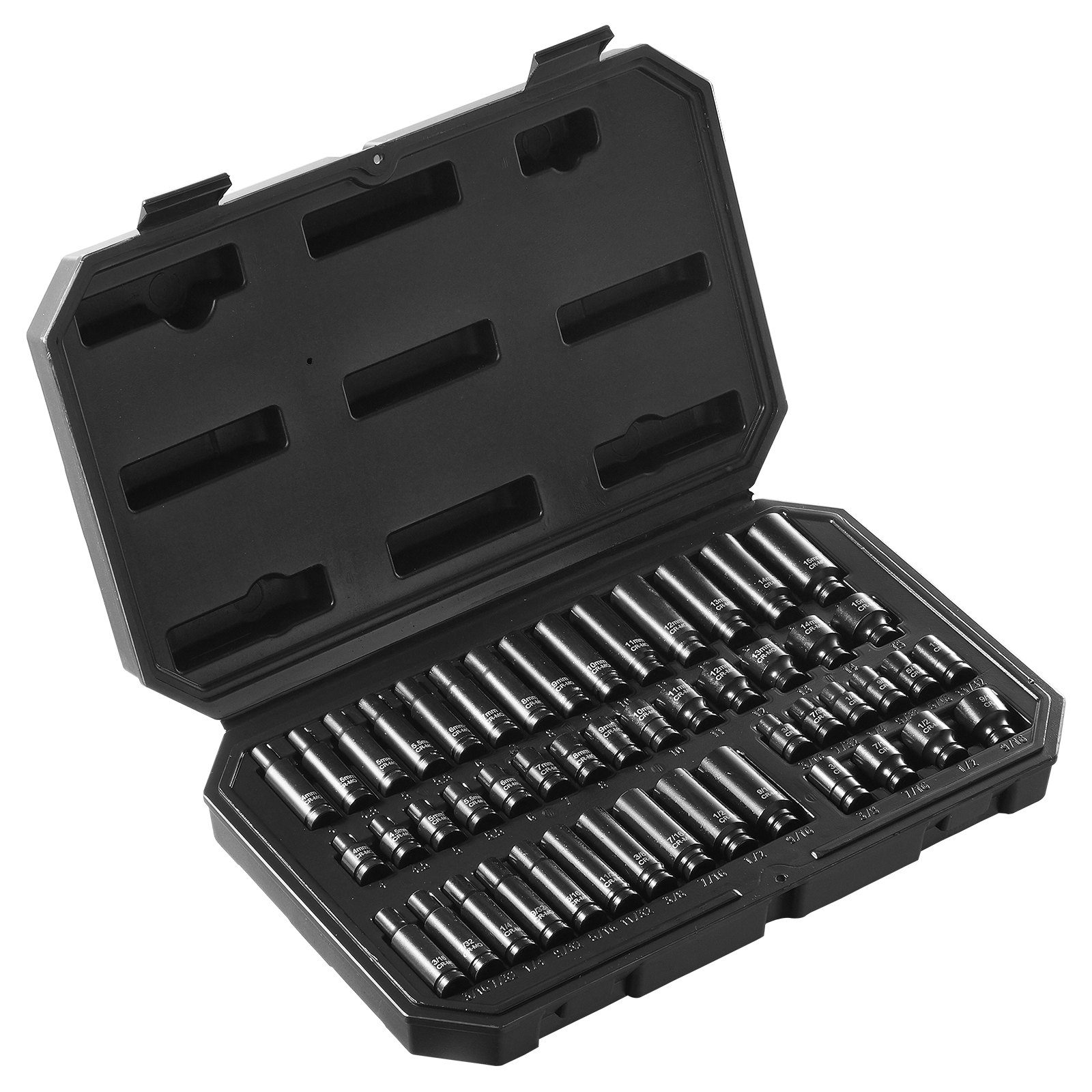 VEVOR Juego de Vasos de Impacto con Impulsión de 6,35 mm 48 piezas Dados Profundos y Poco Profundos SAE de 4,8 a 14,3 mm y Métricos de 4 a 15 mm 6 Puntas Cr-Mo para Reparación de Automóviles
