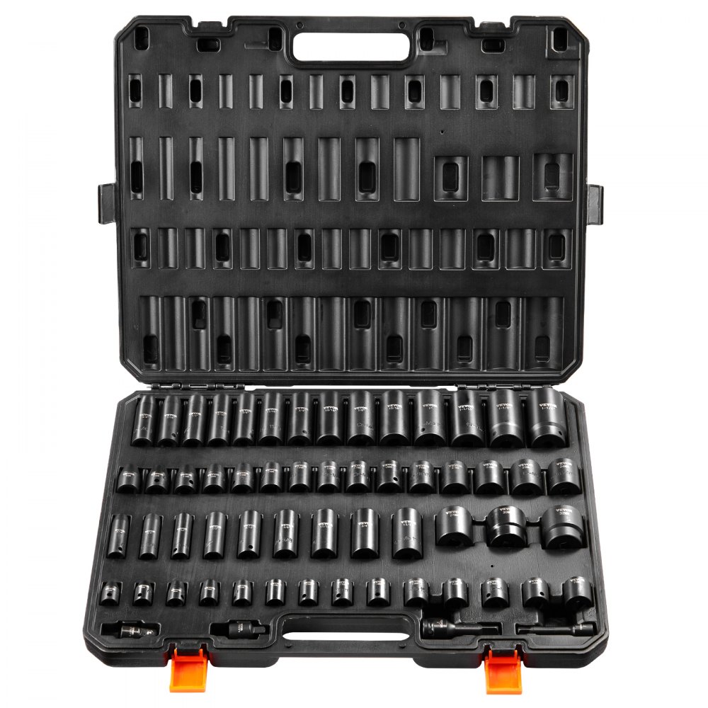 VEVOR 3/8 & 1/2 inch drive impact wrench socket set, 59-piece socket set SAE 5/16 to 1-1/4 inch and metric 6-32 mm, 6-point Cr-Mo alloy steel for car repair