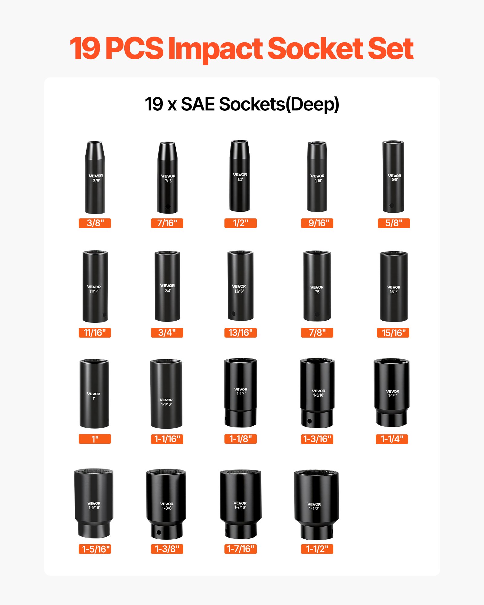 VEVOR Juego de Vasos de Impacto 19 Piezas, Llaves de Vaso Impacto Hexagonal de 1/2", Medidas SAE de 3/8" a 1-1/2", de Acero CR-V, con Estuche de Herramientas, para Reparación Mantenimiento de Autos