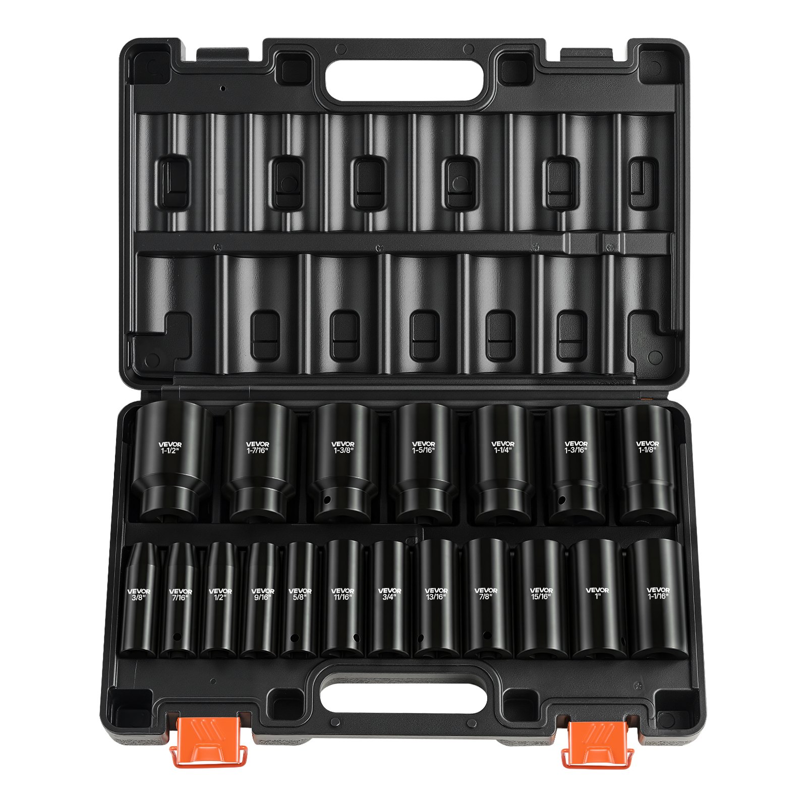 VEVOR Juego de Vasos de Impacto 19 Piezas, Llaves de Vaso Impacto Hexagonal de 1/2", Medidas SAE de 3/8" a 1-1/2", de Acero CR-V, con Estuche de Herramientas, para Reparación Mantenimiento de Autos