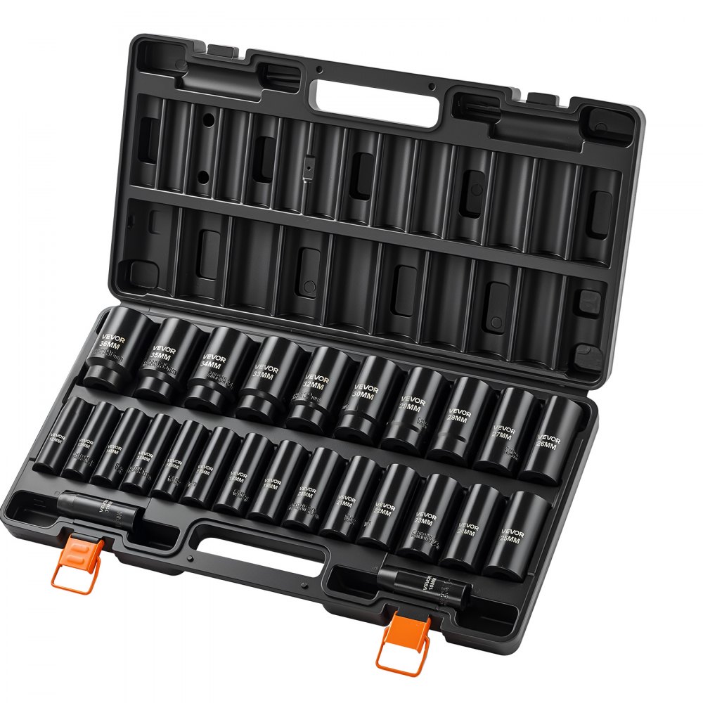 VEVOR Juego de Vasos de Impacto 26 Piezas, Llaves de Vaso Impacto Hexagonal, Métricos de 10-30 mm y 32-36 mm, Material de Acero CR-V, con Caja de Herramientas, para Reparación Mantenimiento de Autos