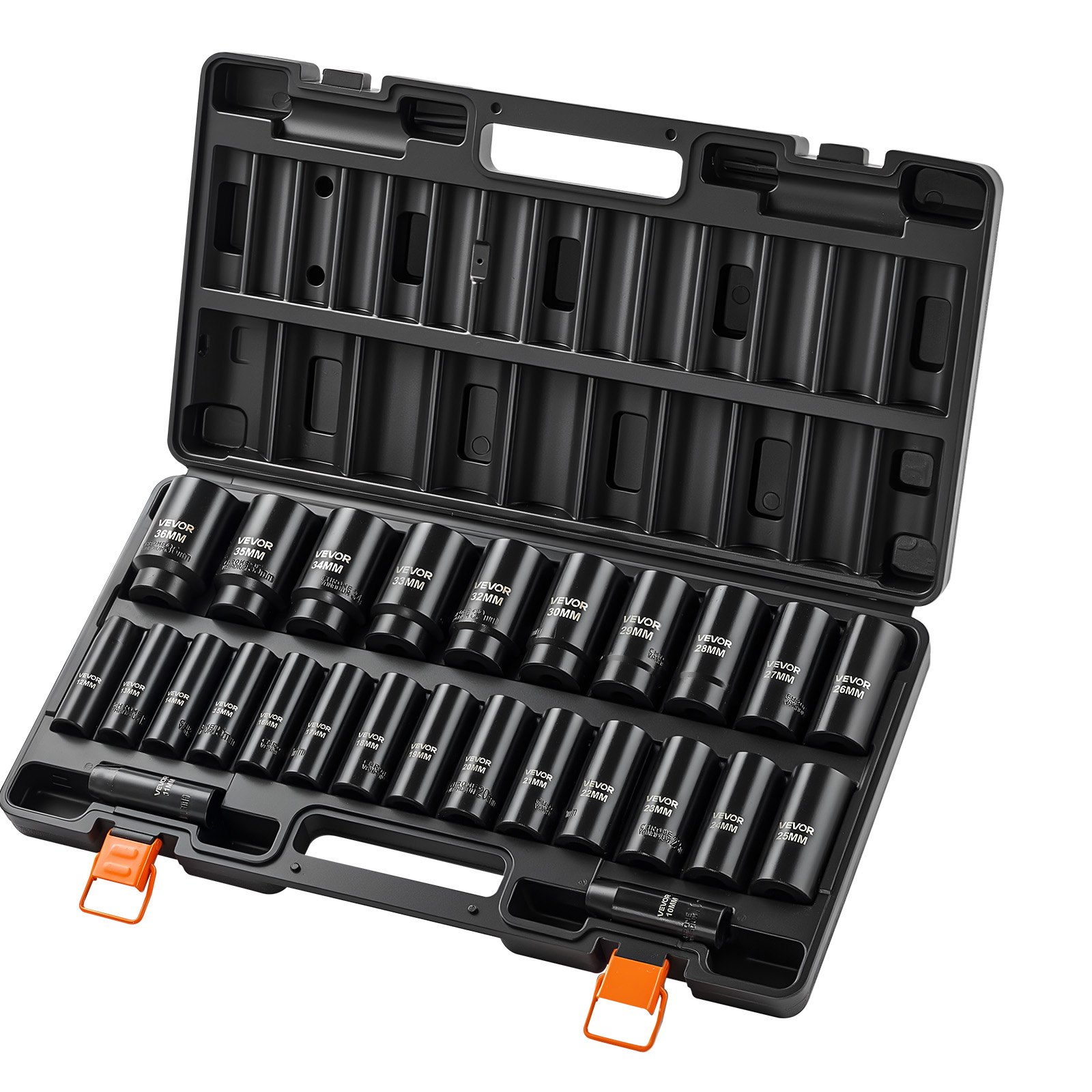 VEVOR Juego de Vasos de Impacto 26 Piezas, Llaves de Vaso Impacto Hexagonal, Métricos de 10-30 mm y 32-36 mm, Material de Acero CR-V, con Caja de Herramientas, para Reparación Mantenimiento de Autos