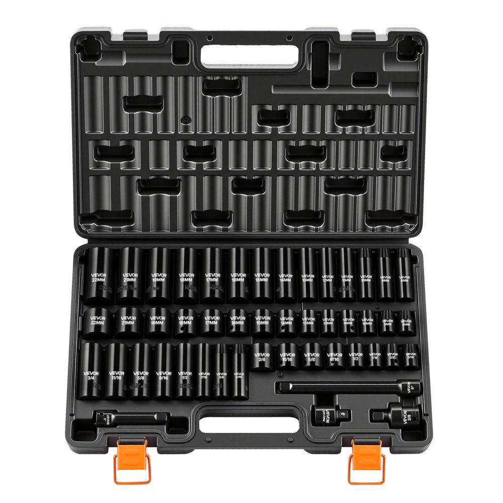 VEVOR Juego de Vasos de Impacto 48 Piezas Llaves de Vaso Impacto Hexagonal, Medidas SAE de 5/16"-3/4", Métricos de 8-19 mm y 21-22 mm, de Acero CR-V, Herramientas para Reparación Mantenimiento Autos