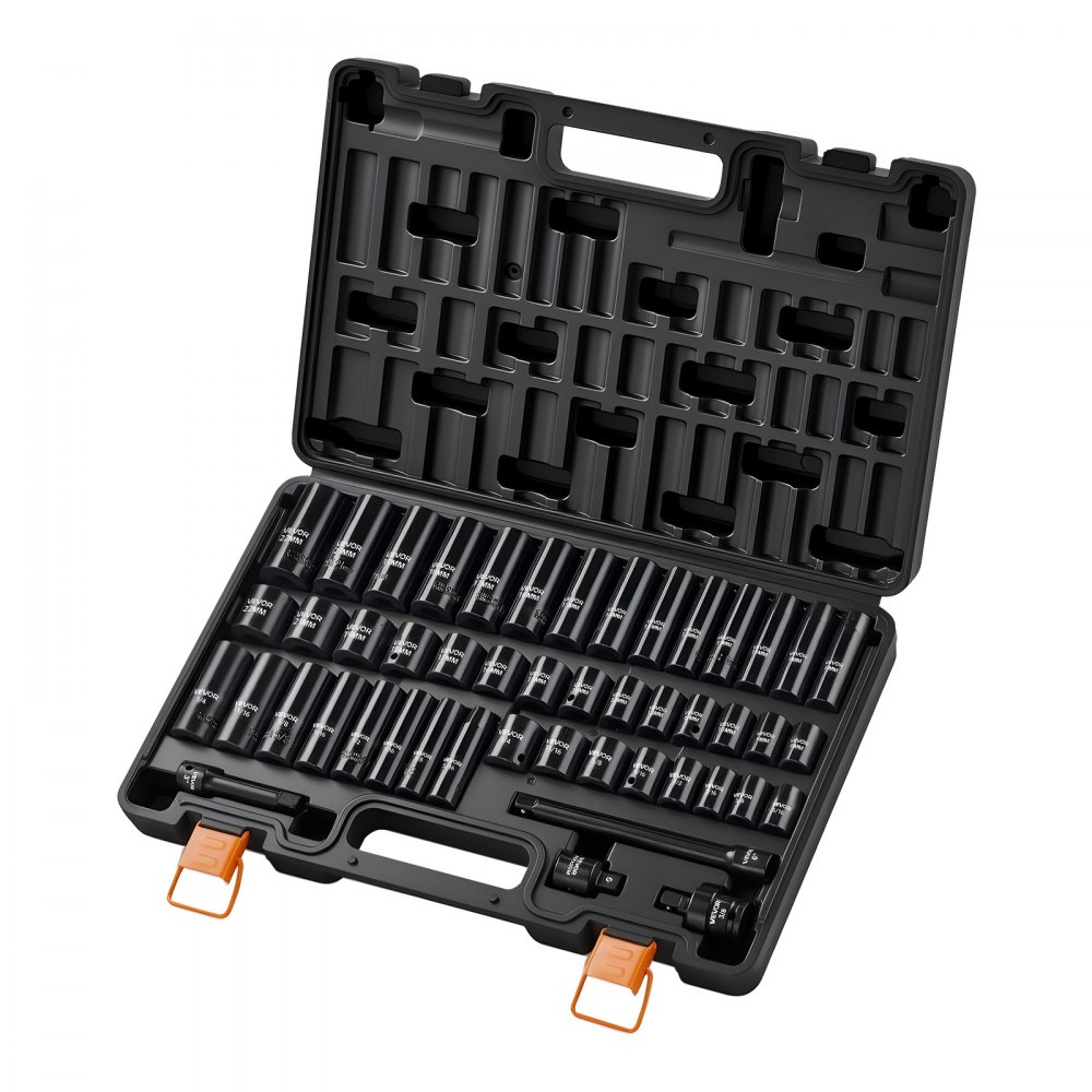 VEVOR Juego de Vasos de Impacto 48 Piezas Llaves de Vaso Impacto Hexagonal, Medidas SAE de 5/16"-3/4", Métricos de 8-19 mm y 21-22 mm, de Acero CR-V, Herramientas para Reparación Mantenimiento Autos