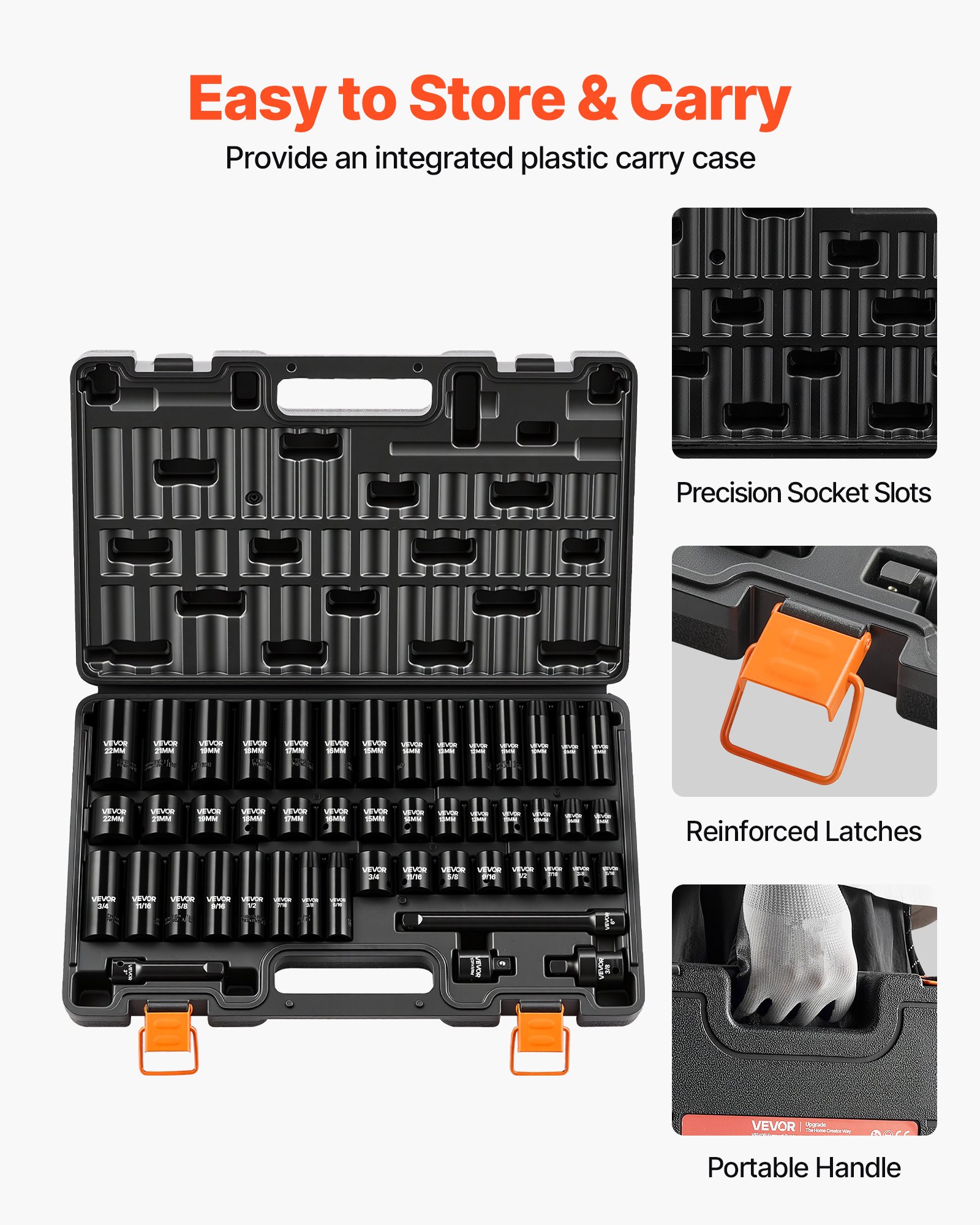VEVOR Juego de Vasos de Impacto 48 Piezas Llaves de Vaso Impacto Hexagonal, Medidas SAE de 5/16"-3/4", Métricos de 8-19 mm y 21-22 mm, de Acero CR-V, Herramientas para Reparación Mantenimiento Autos