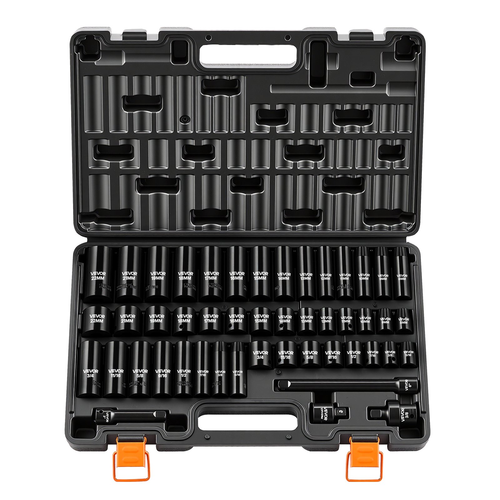 VEVOR Juego de Vasos de Impacto 48 Piezas Llaves de Vaso Impacto Hexagonal, Medidas SAE de 5/16"-3/4", Métricos de 8-19 mm y 21-22 mm, de Acero CR-V, Herramientas para Reparación Mantenimiento Autos