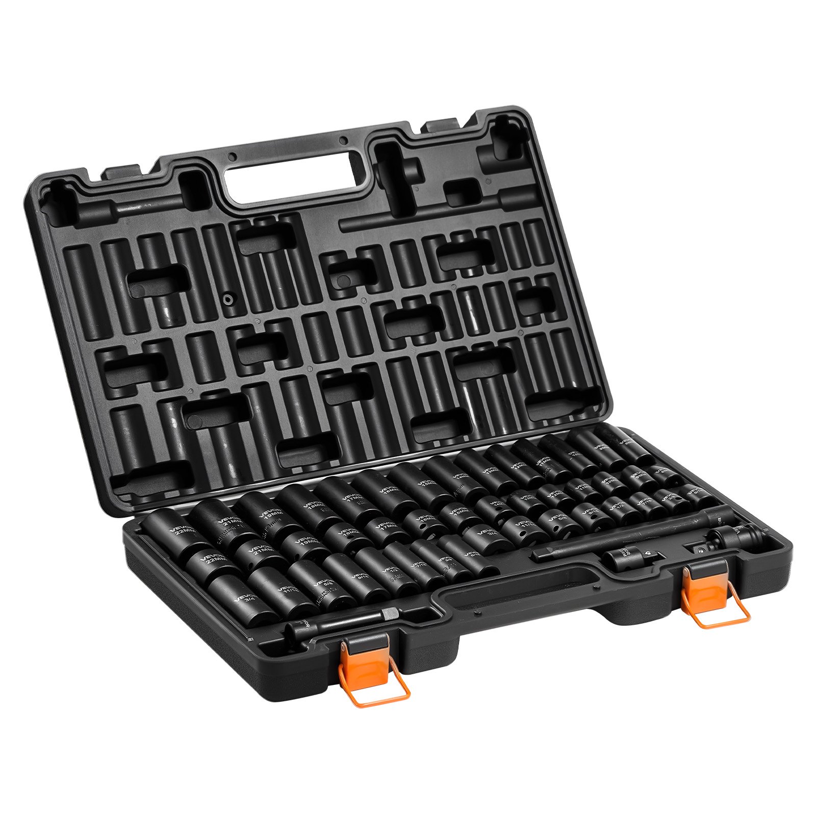 VEVOR Juego de Vasos de Impacto 48 Piezas Llaves de Vaso Impacto Hexagonal, Medidas SAE de 5/16"-3/4", Métricos de 8-19 mm y 21-22 mm, de Acero CR-V, Herramientas para Reparación Mantenimiento Autos