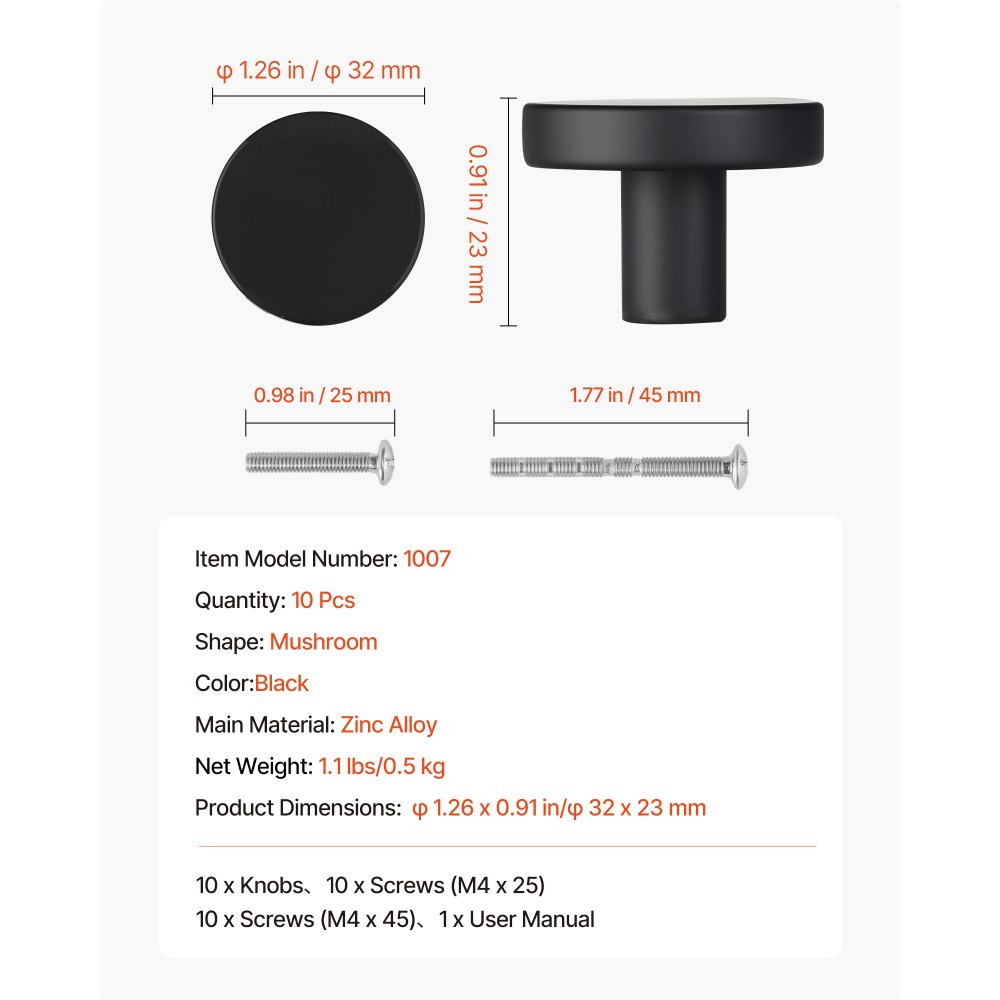 VEVOR Pomos Compactos para Gabinete, 10 Unidades, Aleación de Zinc Forjado, Forma de Hongo, Estilo Versátil, con Tornillos, Resistente al Desgaste y a la Deformación, Color Negro, Ø 32 x 23 mm