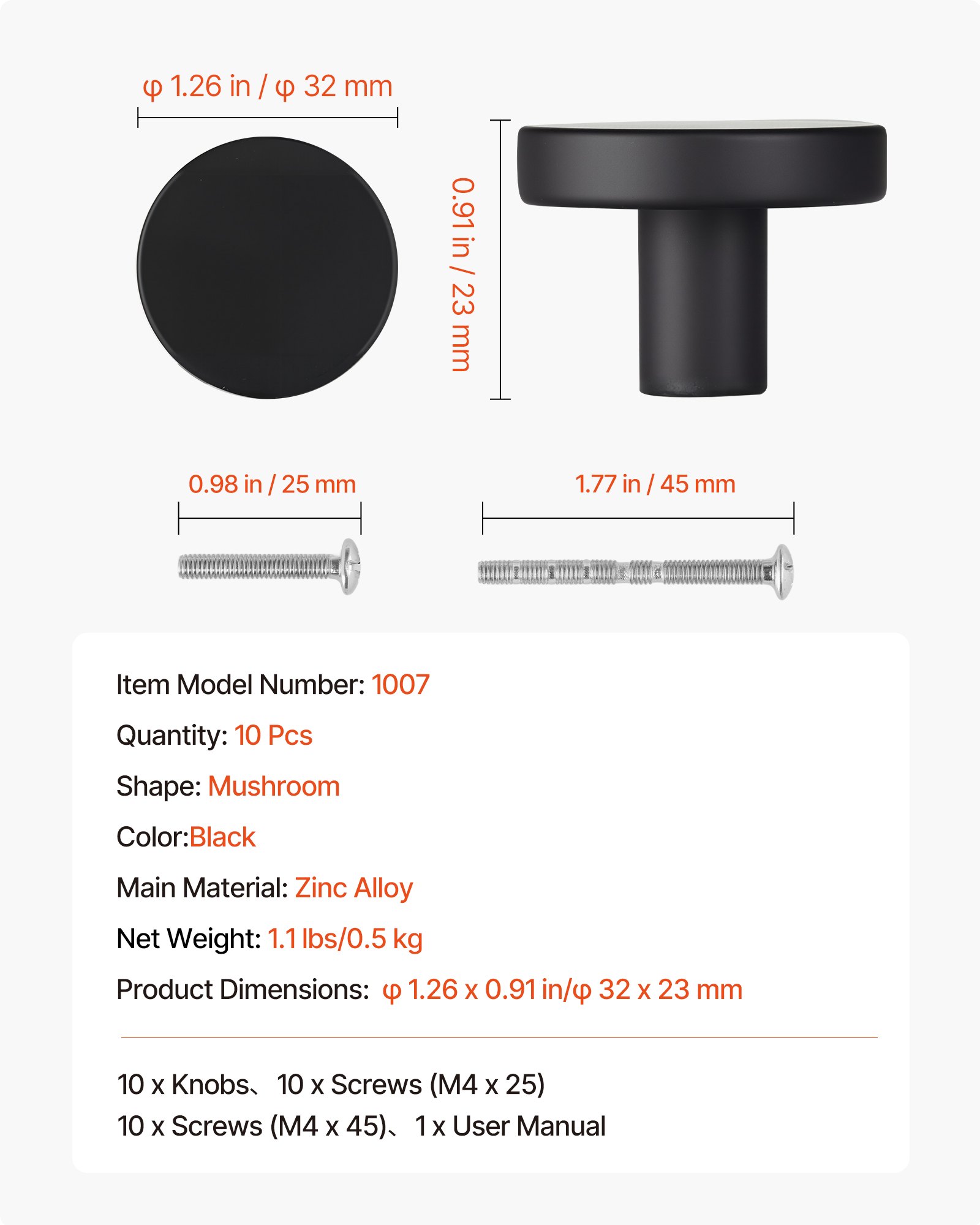 VEVOR Pomos Compactos para Gabinete, 10 Unidades, Aleación de Zinc Forjado, Forma de Hongo, Estilo Versátil, con Tornillos, Resistente al Desgaste y a la Deformación, Color Negro, Ø 32 x 23 mm