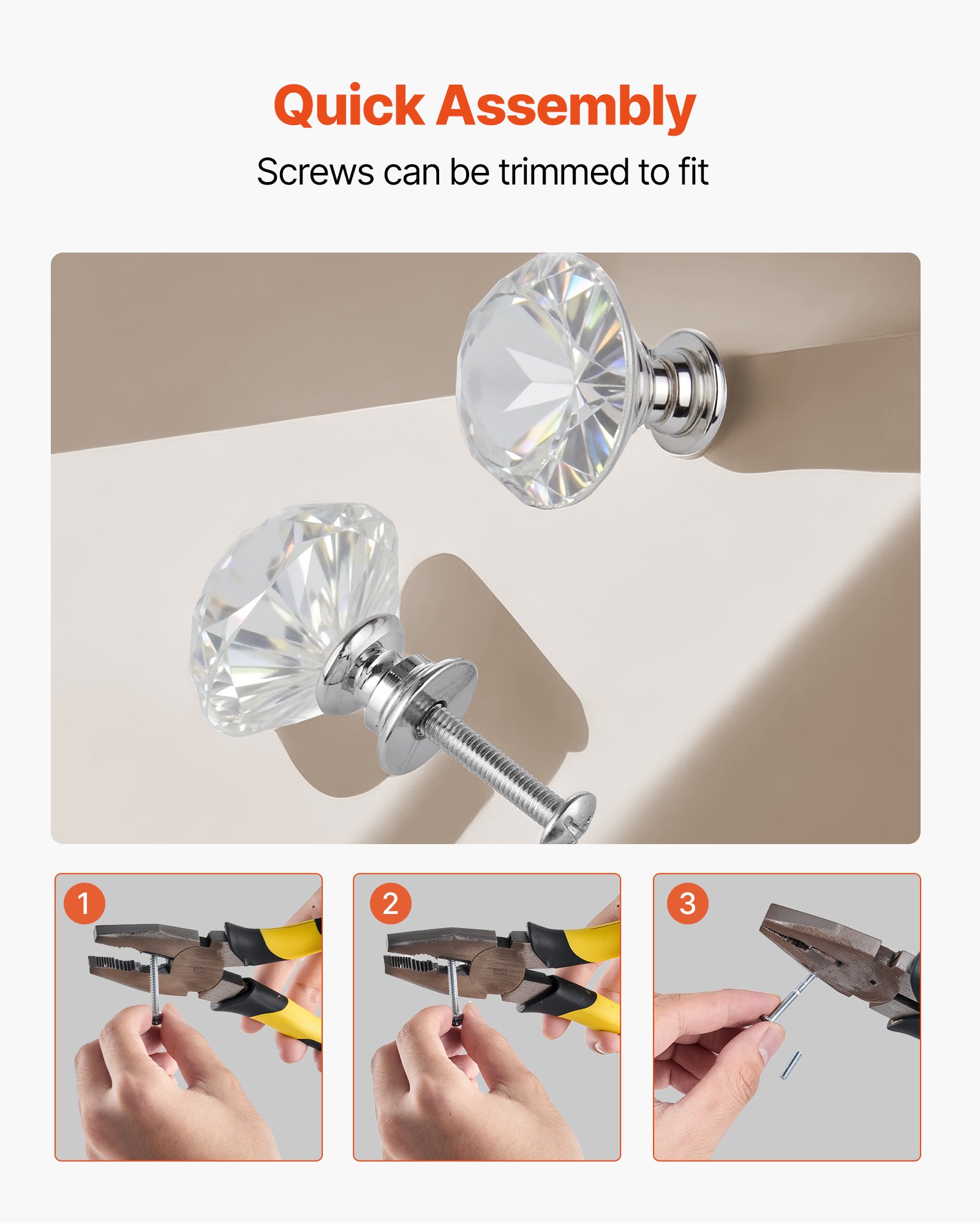 VEVOR Pomos para Gabinete, Tiradores de Acrílico y Aleación de Zinc con Forma Diamante y Tornillos, para Cajones, Puertas, Baño y Dormitorio, Acrílico Transparente y Base de Plata Pulida, 12 uds