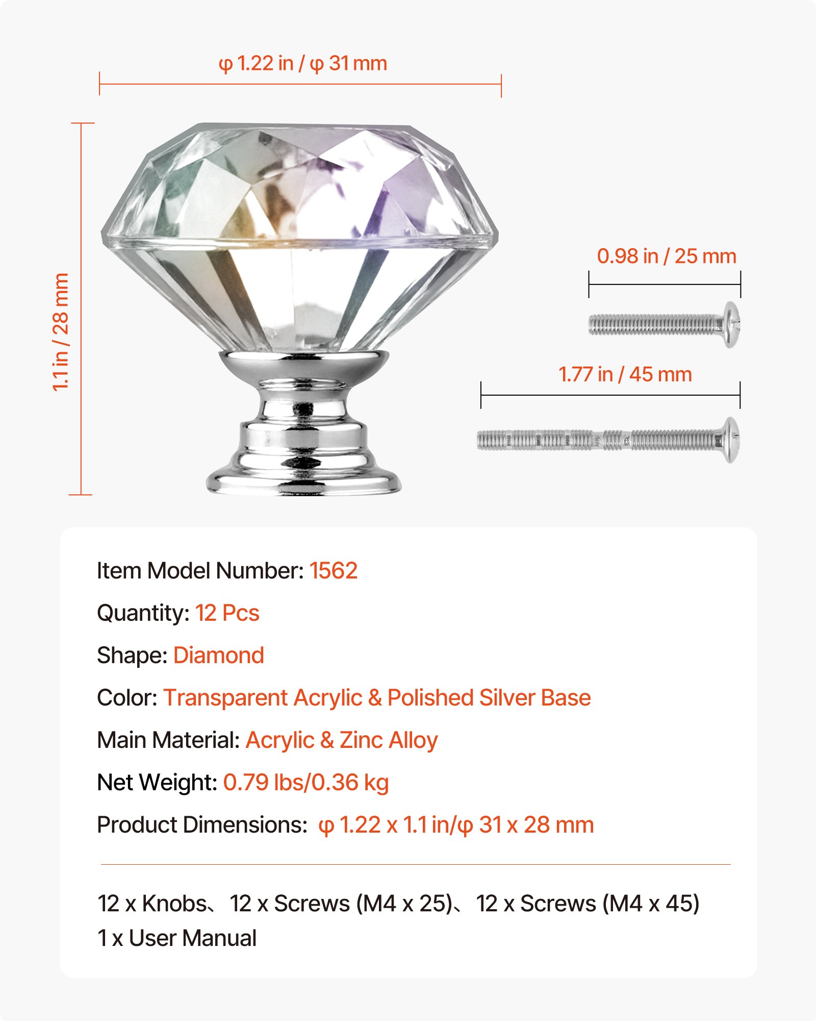 VEVOR Pomos para Gabinete, Tiradores de Acrílico y Aleación de Zinc con Forma Diamante y Tornillos, para Cajones, Puertas, Baño y Dormitorio, Acrílico Transparente y Base de Plata Pulida, 12 uds