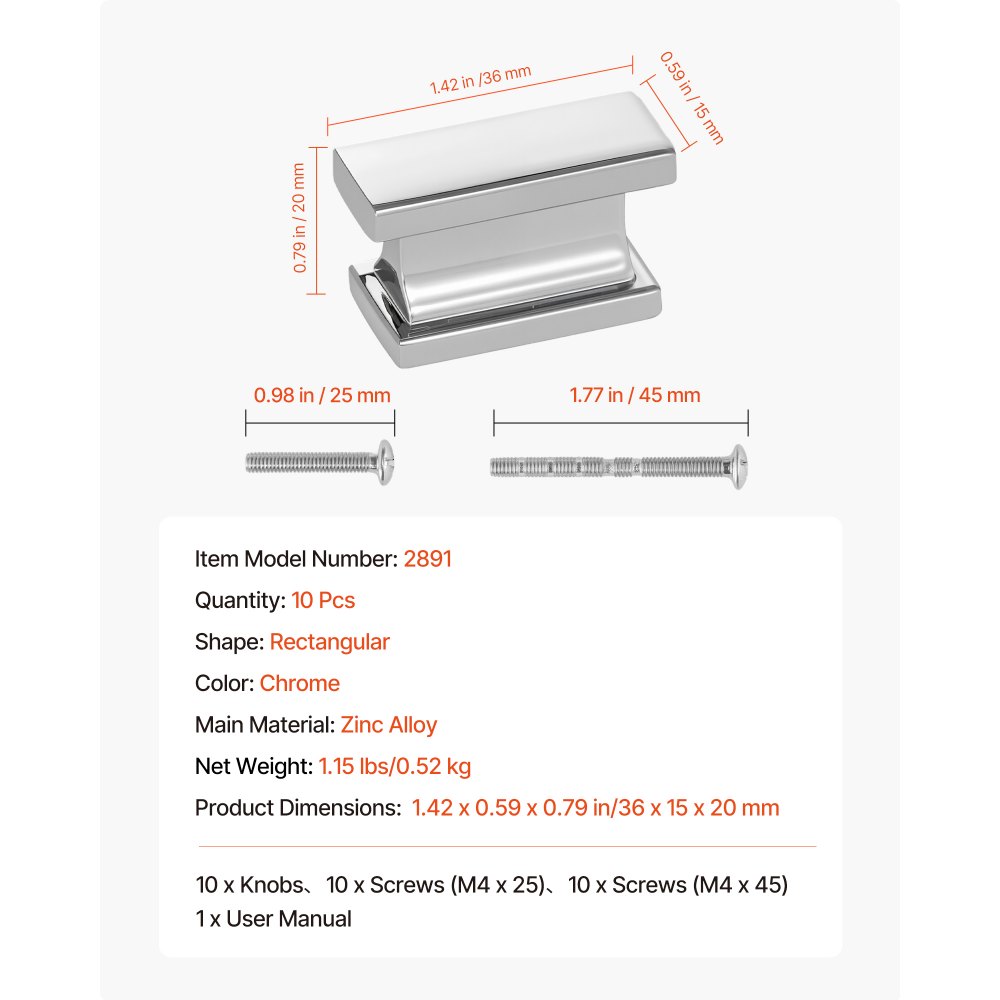VEVOR Pomos para Gabinete, Paquete de 10, Tiradores Rectangulares de Aleación de Zinc de 3,6 cm con Tornillos, para Cajones, Puertas, Tocadores, Gabinetes, Baño y Cocina, Cromo, 36 x 15 x 20 mm