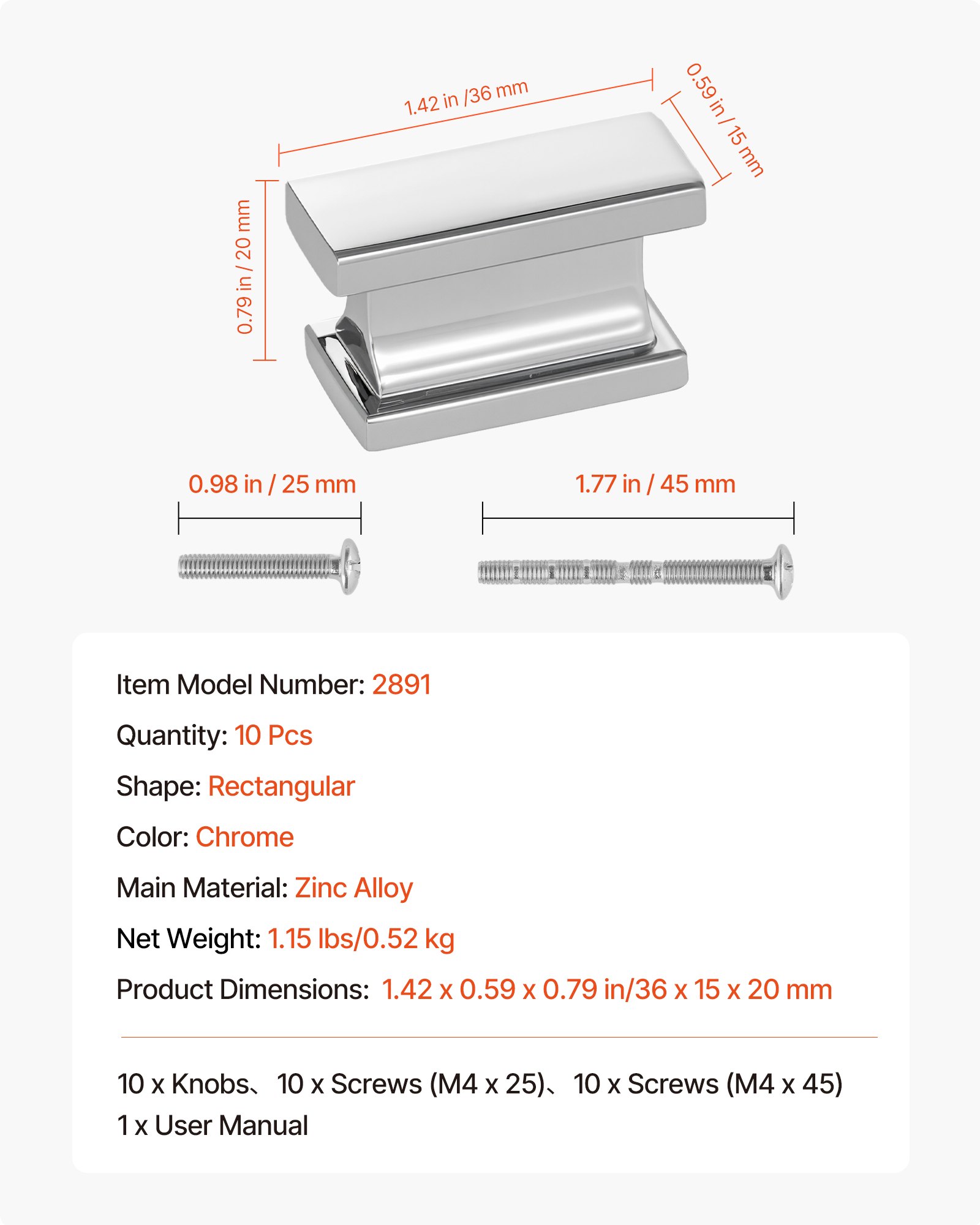VEVOR Pomos para Gabinete, Paquete de 10, Tiradores Rectangulares de Aleación de Zinc de 3,6 cm con Tornillos, para Cajones, Puertas, Tocadores, Gabinetes, Baño y Cocina, Cromo, 36 x 15 x 20 mm