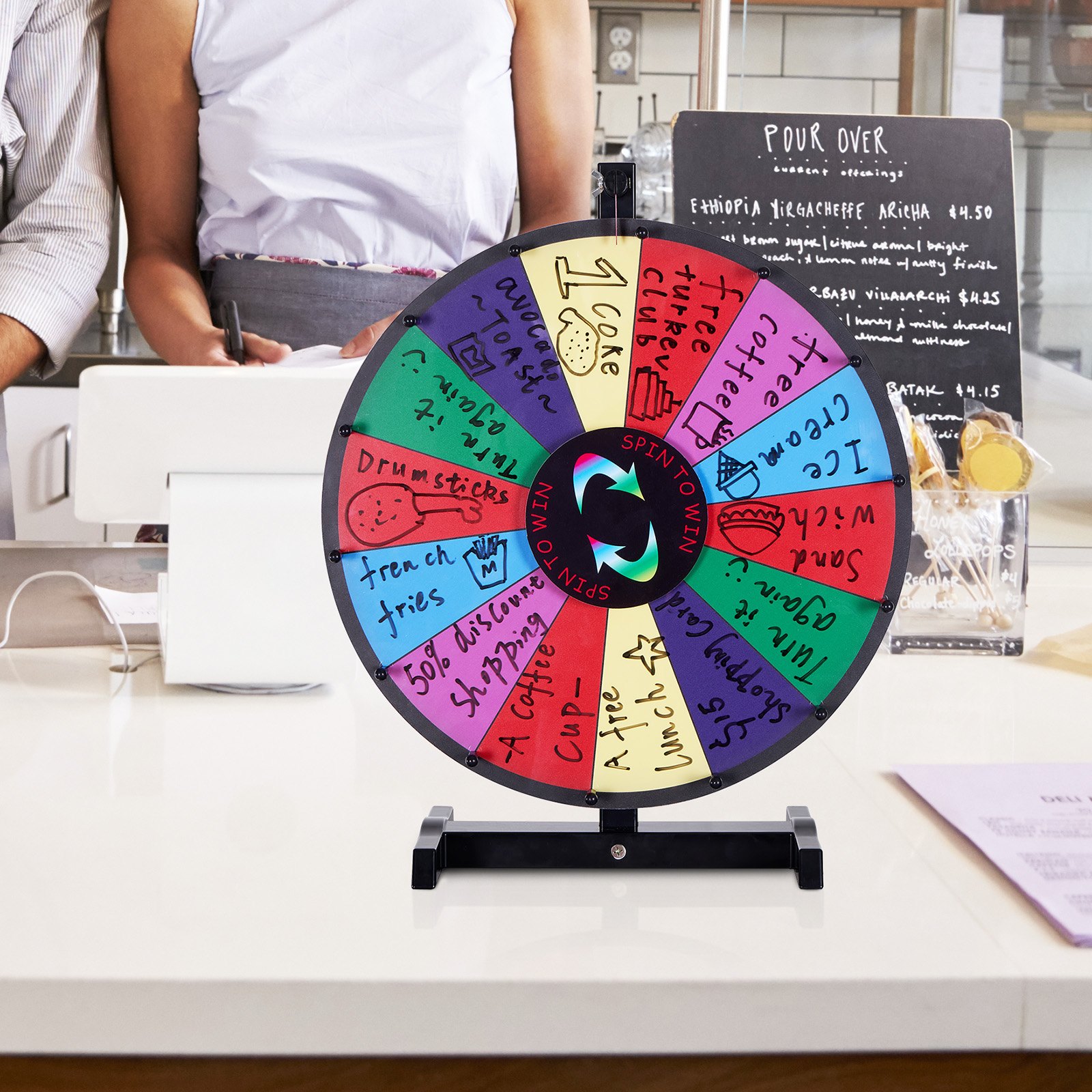 VEVOR Rueda de Lotería 457 mm Rueda de la Fortuna de Borrado en Seco Rueda de Suerte de Mesa 14 Ranuras con 2 Marcadores Juego de Bingo Equilibrado y de Rotación Suave Juego para Fiesta Salón Carnaval
