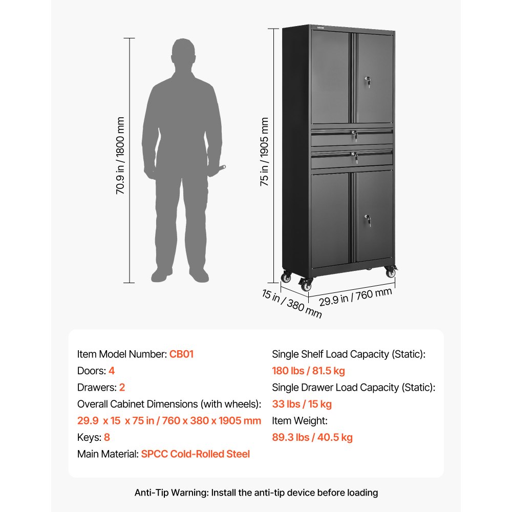 VEVOR Armario Metálico para Garaje 76 x 38 x 190,5 cm con Ruedas, 4 Puertas, 2 Cajones, Cerradura, Estantes Ajustables, Capacidad de Carga 81,5 kg por Estante para Taller Oficina Almacenamiento Hogar