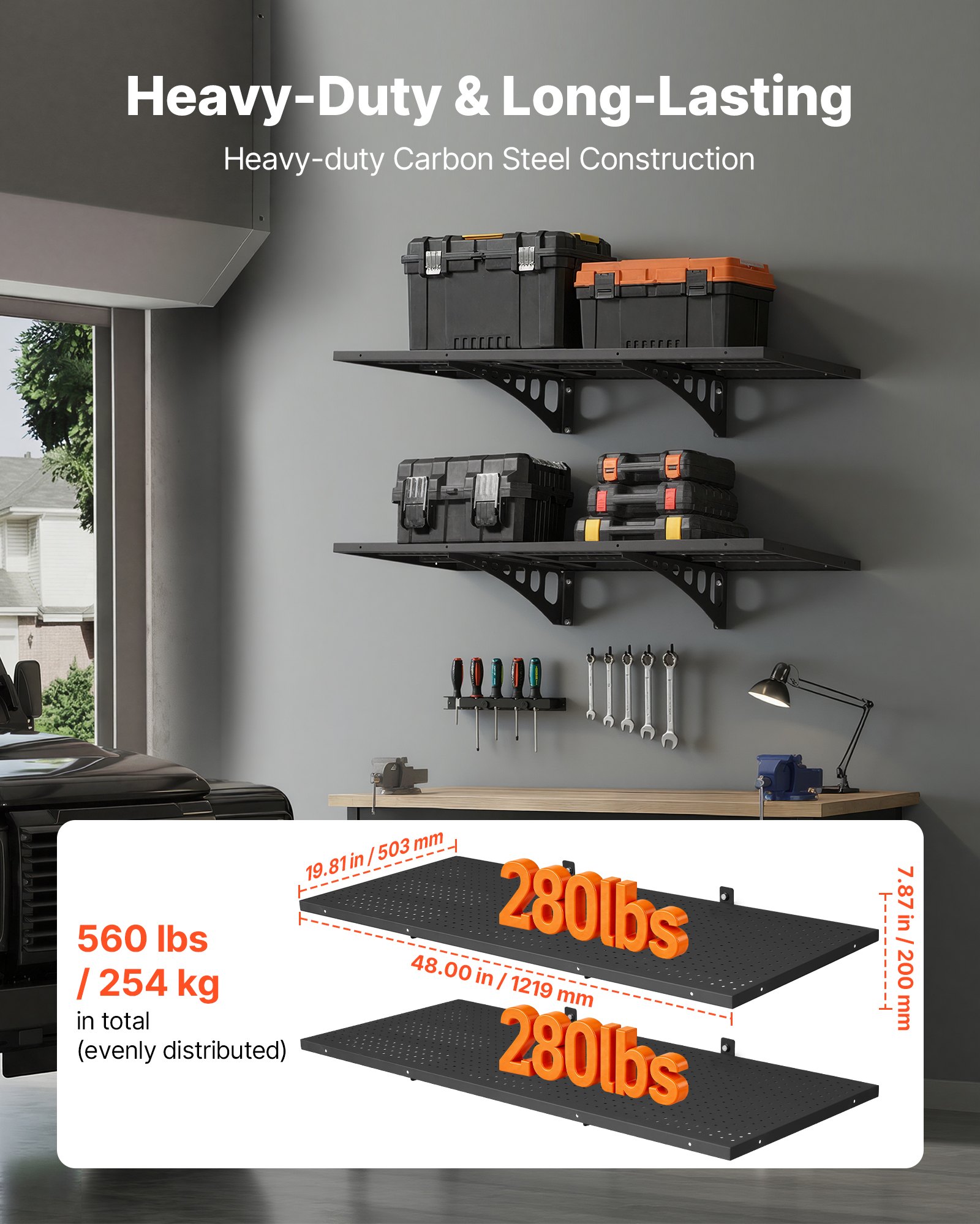 VEVOR Estantería de Pared de Acero Resistente 500x1219mm, Carga 254kg en Total 127kg por Estante, Distancia Ajustable, Juego de 2 Estanterías Flotantes con Ganchos para Lavandería Garaje Taller Cocina