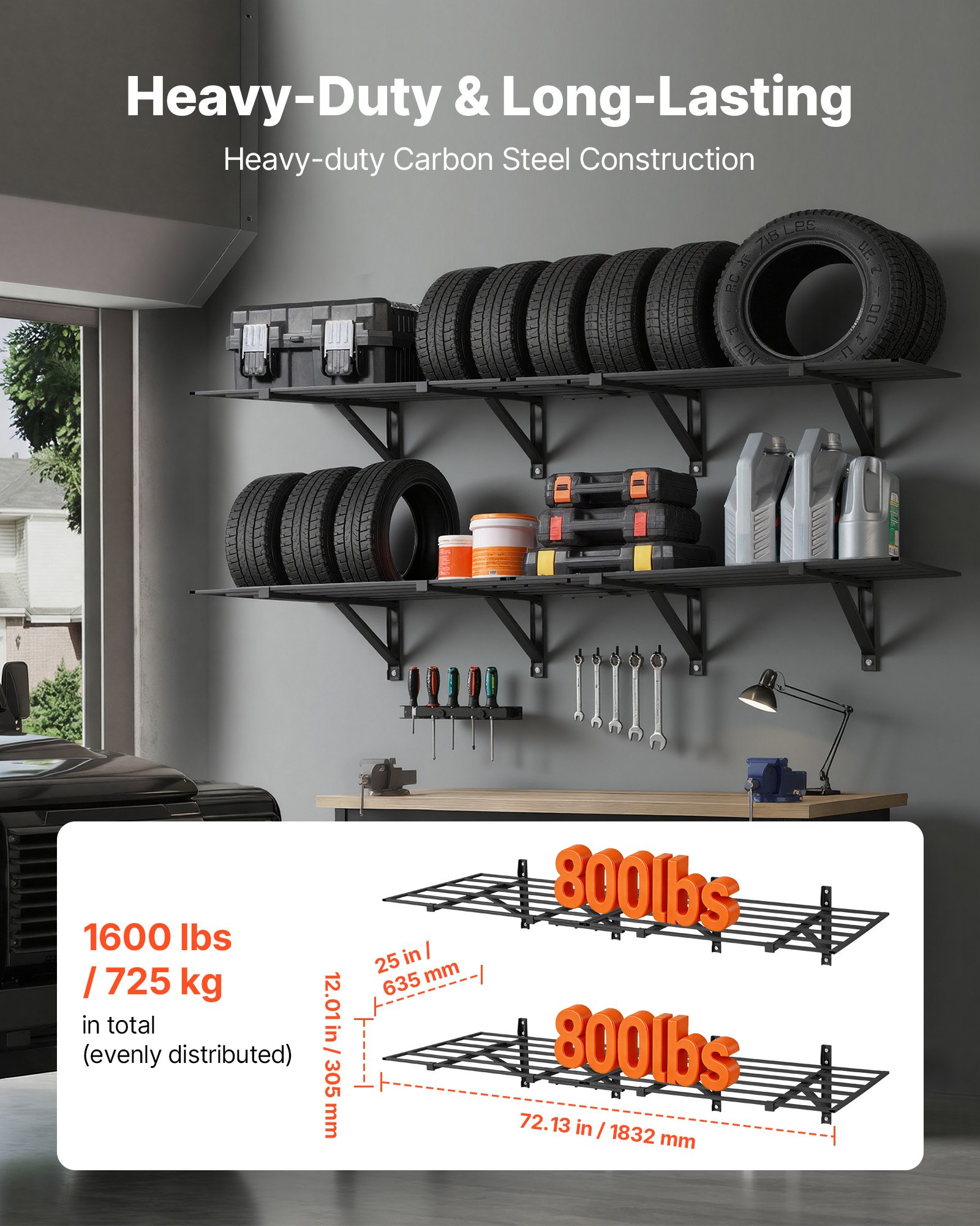 VEVOR Estantería de Pared de Acero 635 x 1832 mm, Carga 362 kg por Nivel, 725 kg en Total, Distancia Ajustable, Juego de 4 Estanterías Flotantes de 2 Niveles para Garaje Taller Cocina Lavandería