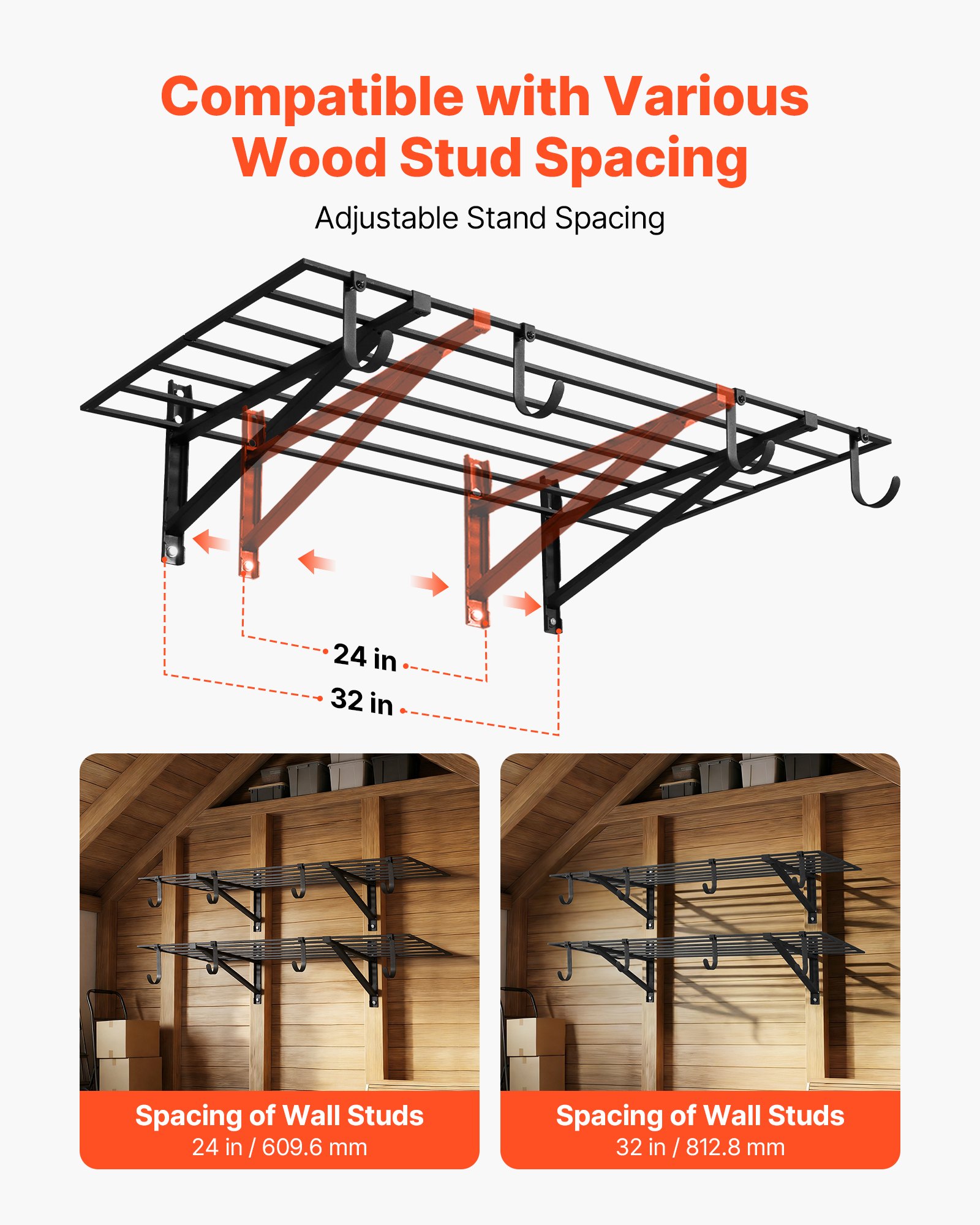 VEVOR Estantería de Pared de Acero Resistente 610x1219 mm Carga 118kg por Estante 235kg en Total, Distancia Ajustable, Juego de 2 Estanterías Flotantes con Ganchos para Cocina Lavandería Garaje Taller