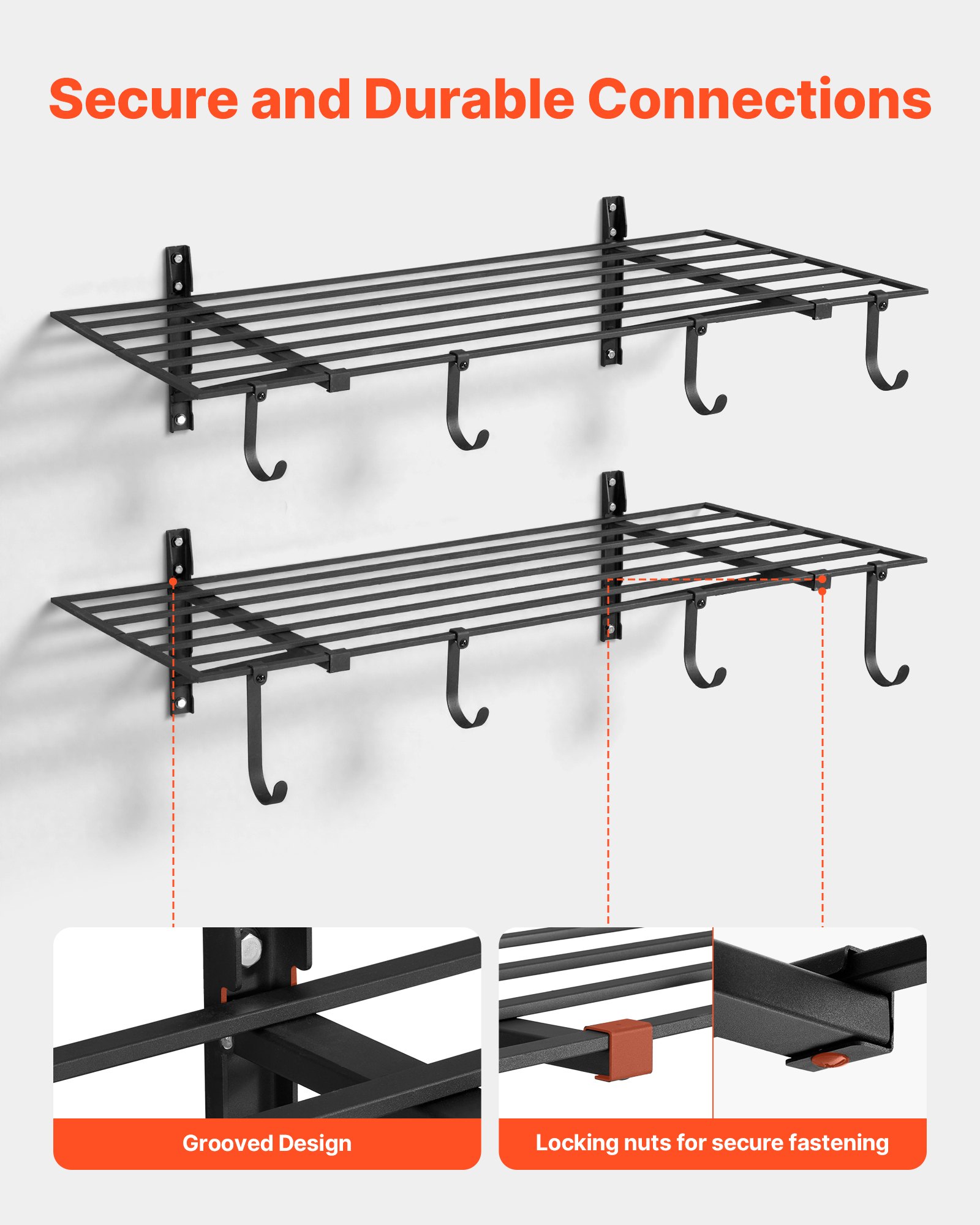 VEVOR Estantería de Pared de Acero Resistente 610x1219 mm Carga 118kg por Estante 235kg en Total, Distancia Ajustable, Juego de 2 Estanterías Flotantes con Ganchos para Cocina Lavandería Garaje Taller