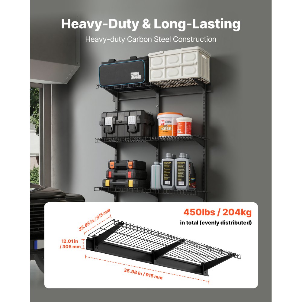 VEVOR Estantería de Pared de Acero Resistente 275 x 914 mm, Carga 68 kg por Estante, 204 kg en Total, Distancia Ajustable 40 cm, Juego de 3 Estanterías Flotantes para Lavandería Taller Cocina Garaje