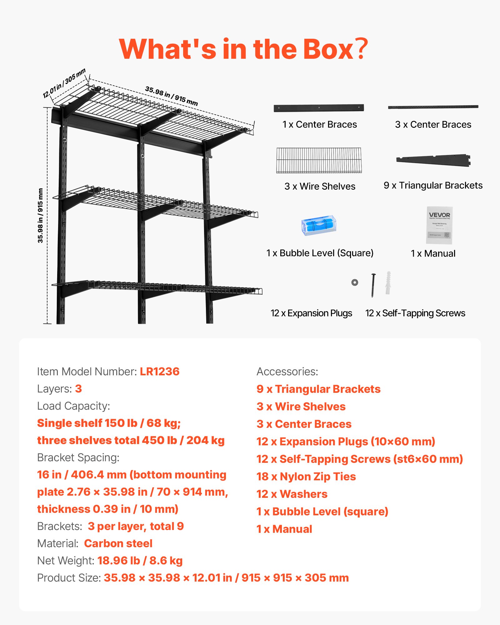 VEVOR Estantería de Pared de Acero Resistente 275 x 914 mm, Carga 68 kg por Estante, 204 kg en Total, Distancia Ajustable 40 cm, Juego de 3 Estanterías Flotantes para Lavandería Taller Cocina Garaje