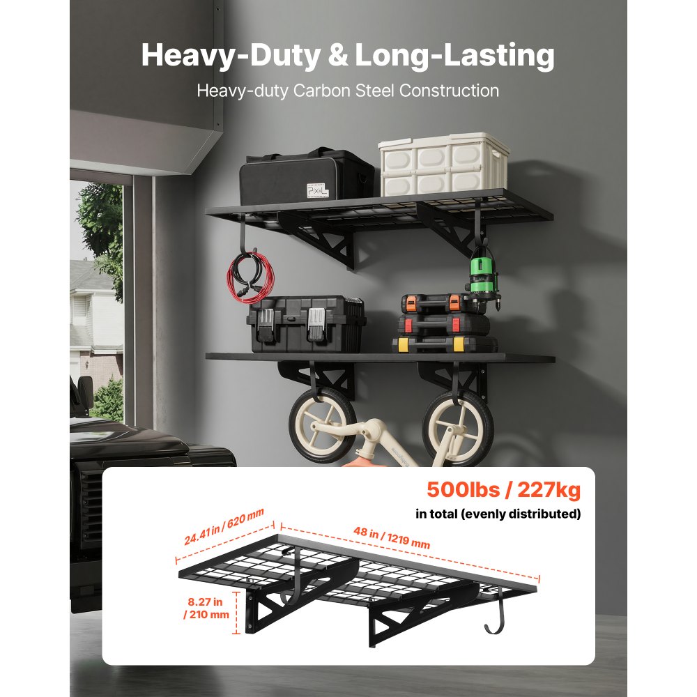 VEVOR Estantería de Pared de Acero Resistente 610x1219 mm Carga 113kg por Estante 227kg en Total, Distancia Ajustable, Juego de 2 Estanterías Flotantes con Ganchos para Garaje Taller Cocina Lavandería