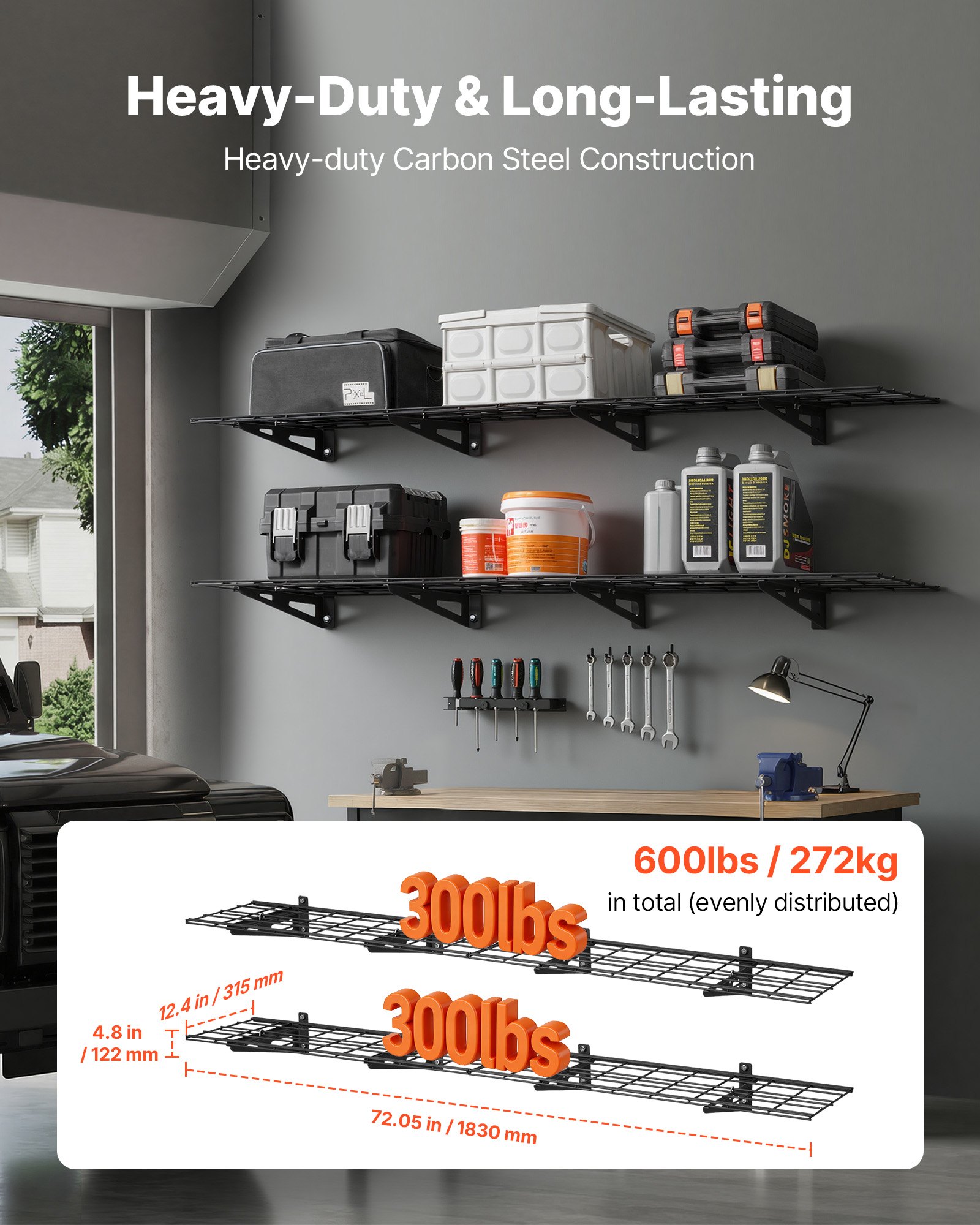 VEVOR Estantería de Pared de Acero Resistente 305x1828 mm, Carga 136kg por Estante, 272kg en Total, Distancia Ajustable 40 o 45cm, Juego de 2 Estanterías Flotantes para Garaje Lavandería Taller Cocina