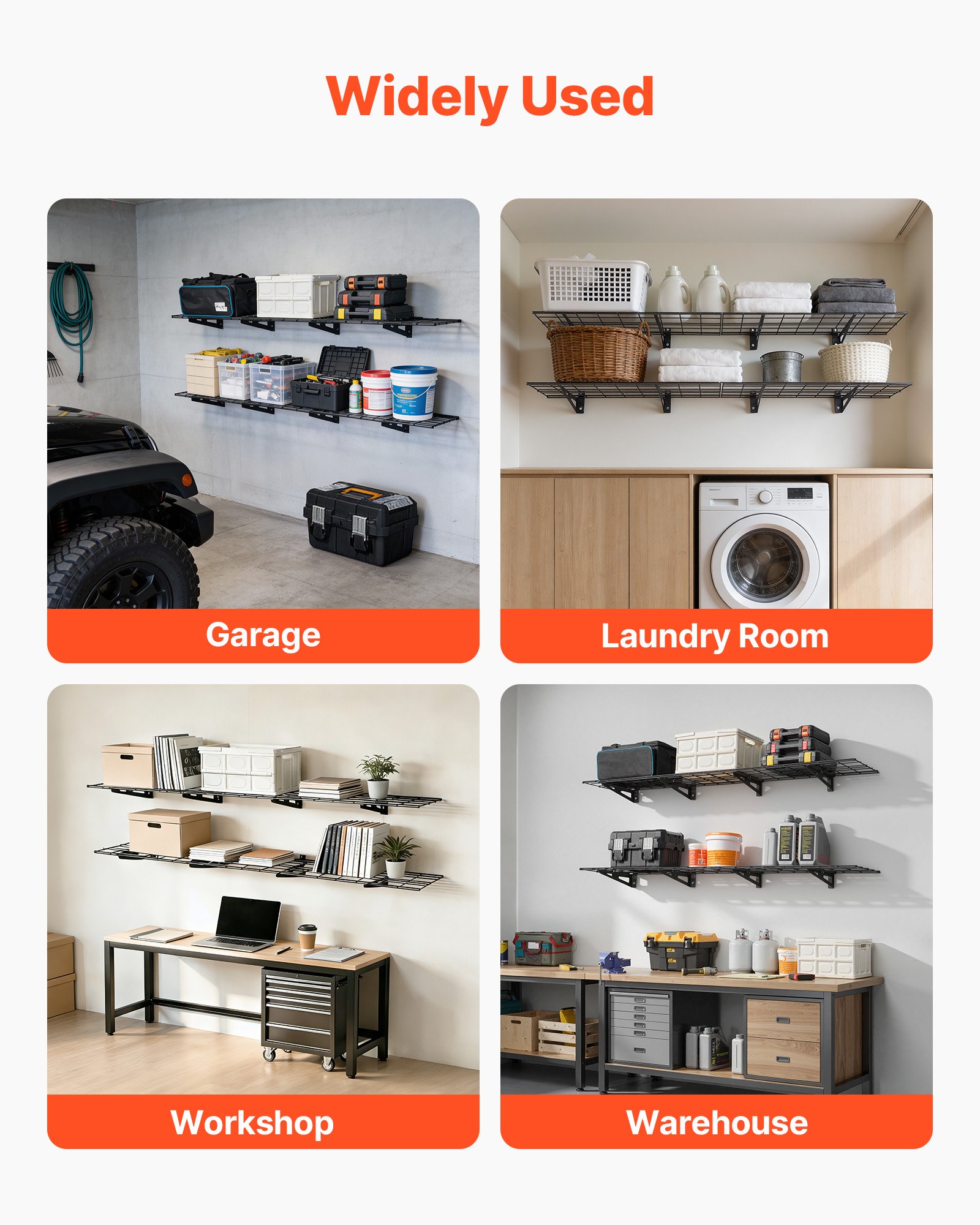 VEVOR Estantería de Pared de Acero Resistente 305x1828 mm, Carga 136kg por Estante, 272kg en Total, Distancia Ajustable 40 o 45cm, Juego de 2 Estanterías Flotantes para Garaje Lavandería Taller Cocina