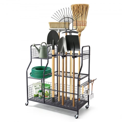 VEVOR Organizador de Herramientas de Jardín con Ruedas y Estante de Acero, con Laterales Altos, Base Perforada, 4 Ruedas Giratorias y Kit de Herrajes de Montaje para Garajes, Cobertizos y Patios