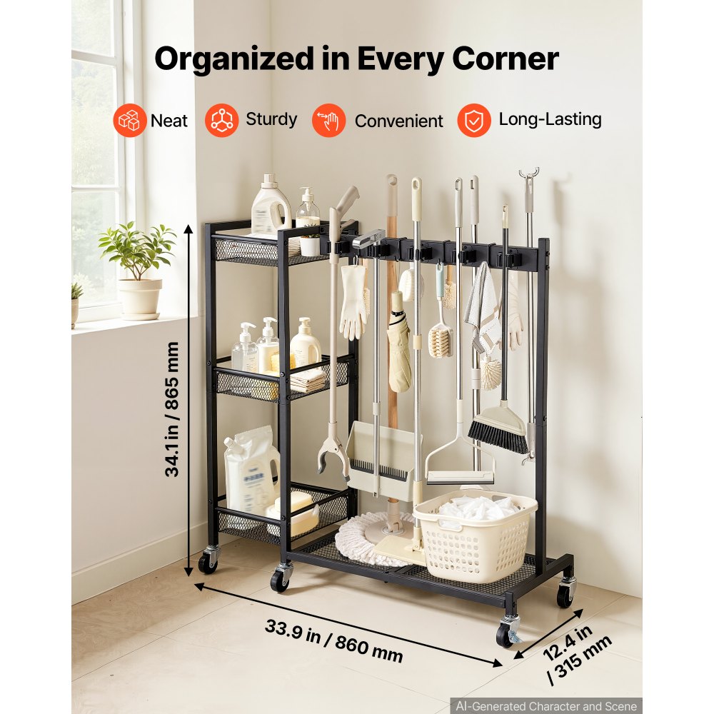 VEVOR Organizador de Herramientas de Jardín con Clips de Resorte y Ruedas, con Aberturas de 5,08 x 5,08 cm y Base de Acero Q235 para Herramientas de Mango Largo para Garajes, Cobertizos y Patios