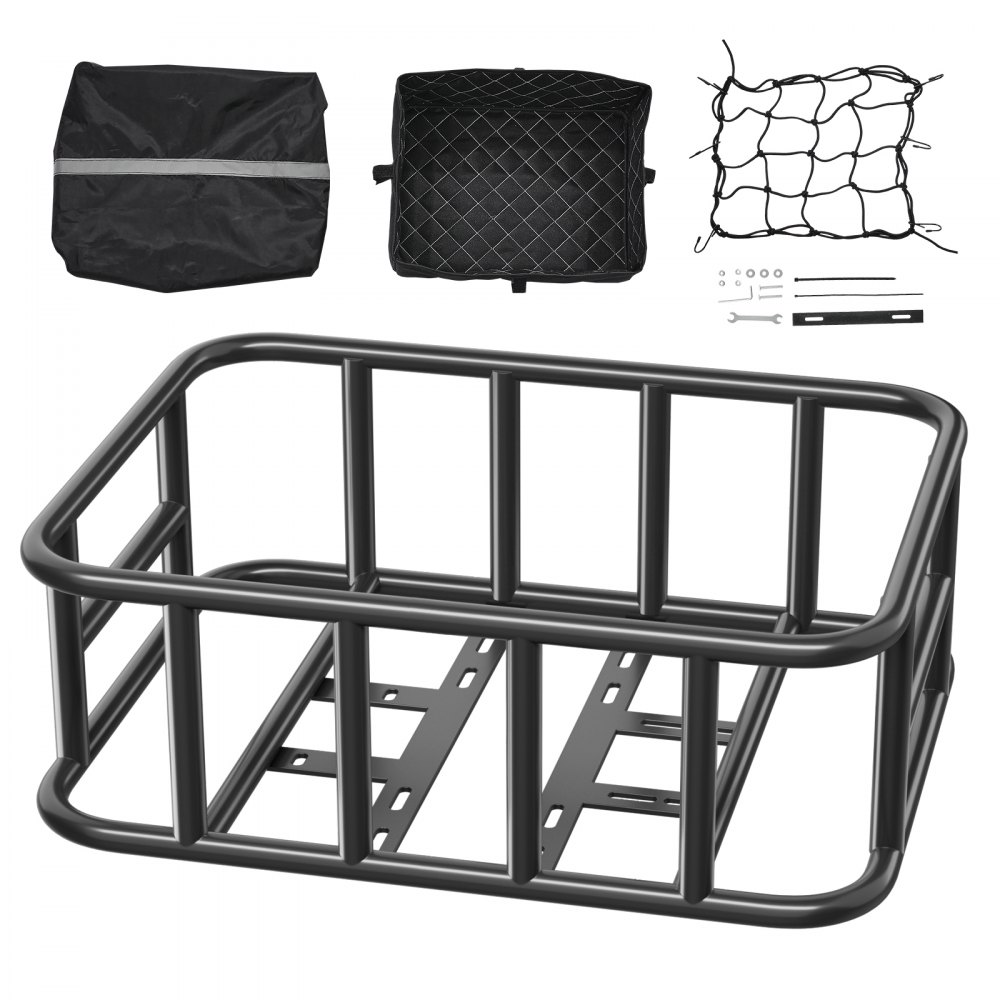 VEVOR Cesta Trasera para Bicicleta Cesta Mediana con Red de Carga Forro y Funda Impermeable Cesta Trasera Resistente para Bicicleta para Llevar Frutas, Comestibles, Herramientas de Montaje Incluidas