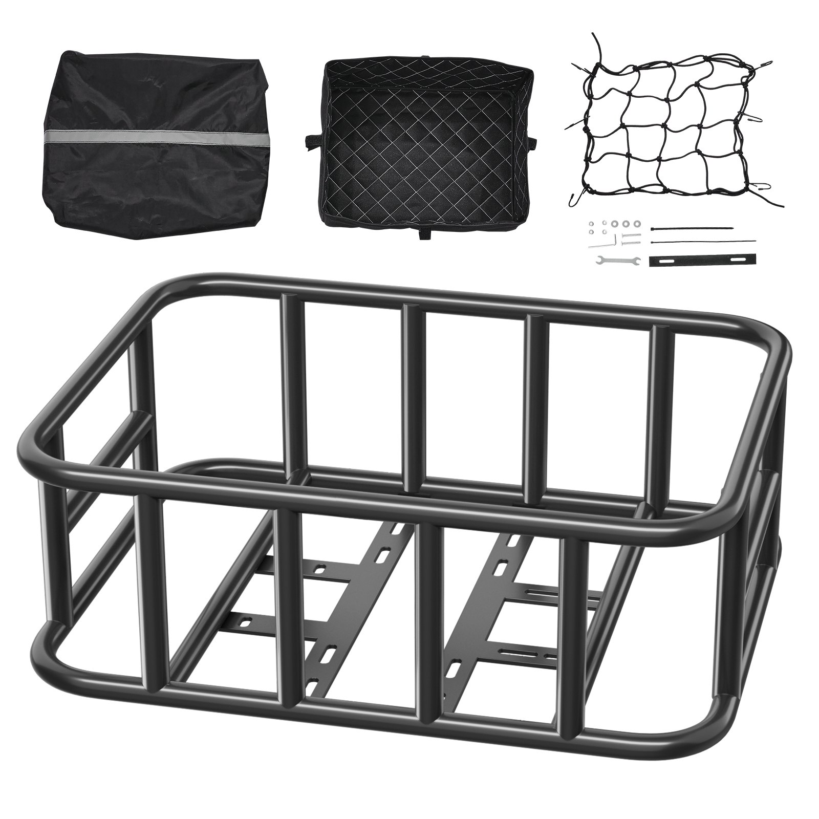 VEVOR Cesta Trasera para Bicicleta Cesta Mediana con Red de Carga Forro y Funda Impermeable Cesta Trasera Resistente para Bicicleta para Llevar Frutas, Comestibles, Herramientas de Montaje Incluidas