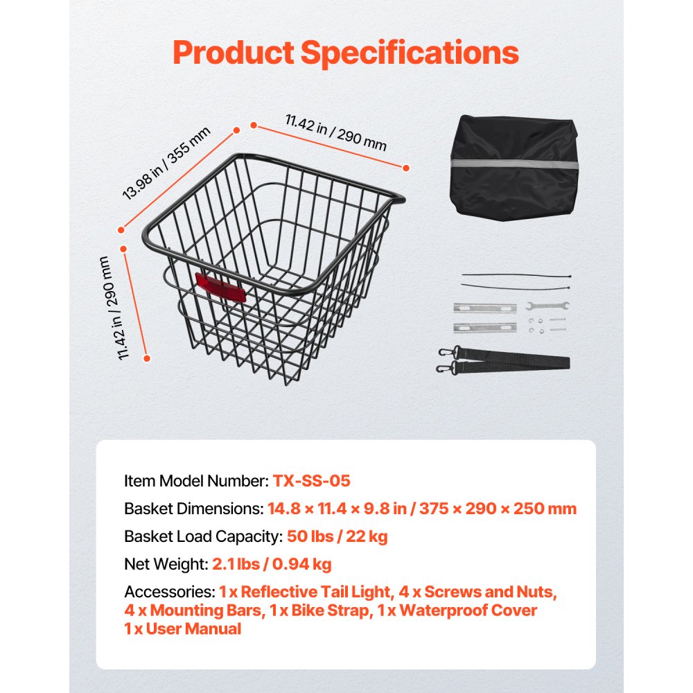 VEVOR rear bicycle basket 375x290x250mm, metal wire rear basket with reflective taillight & cover, rear rack basket, fits most bicycle racks