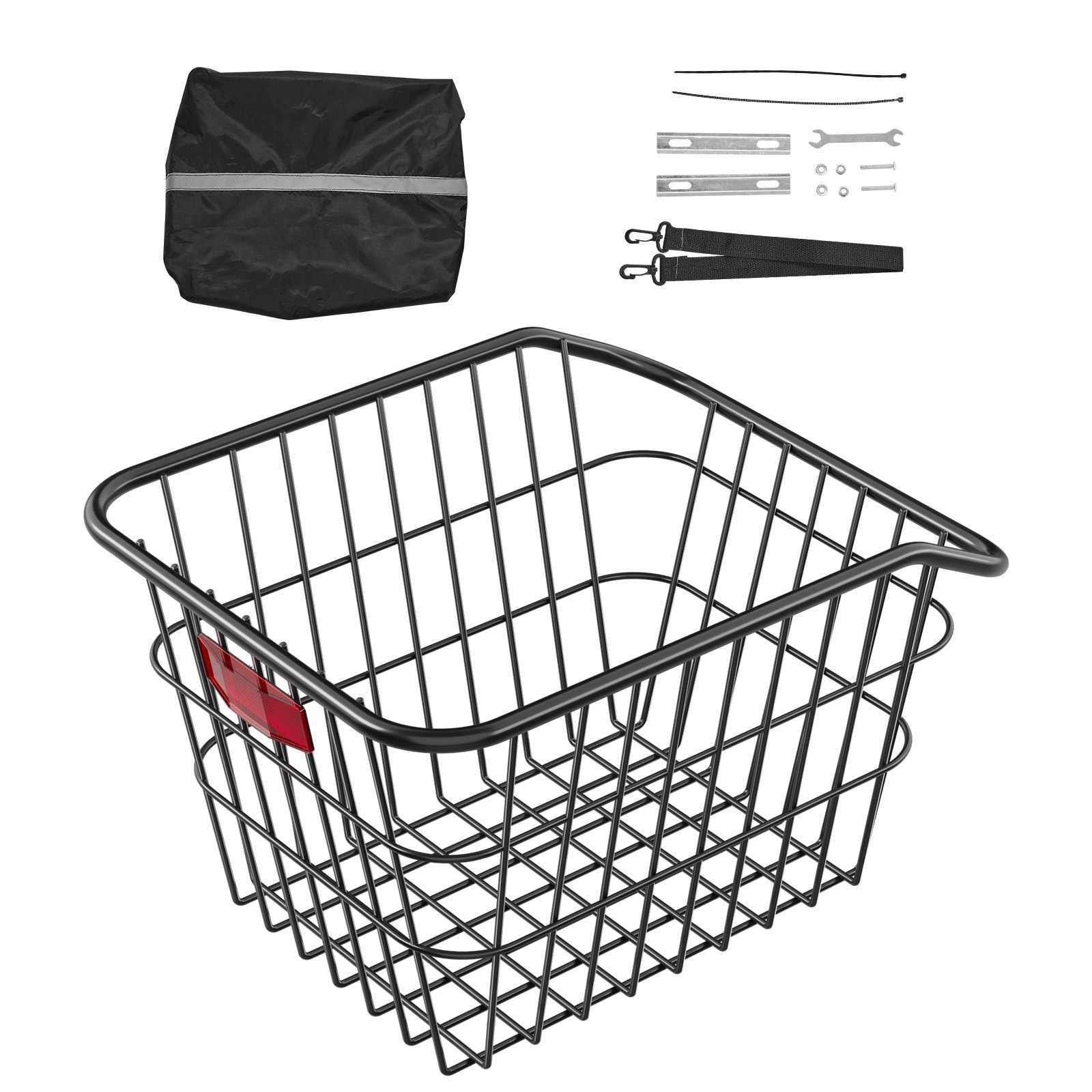 VEVOR rear bicycle basket 375x290x250mm, metal wire rear basket with reflective taillight & cover, rear rack basket, fits most bicycle racks