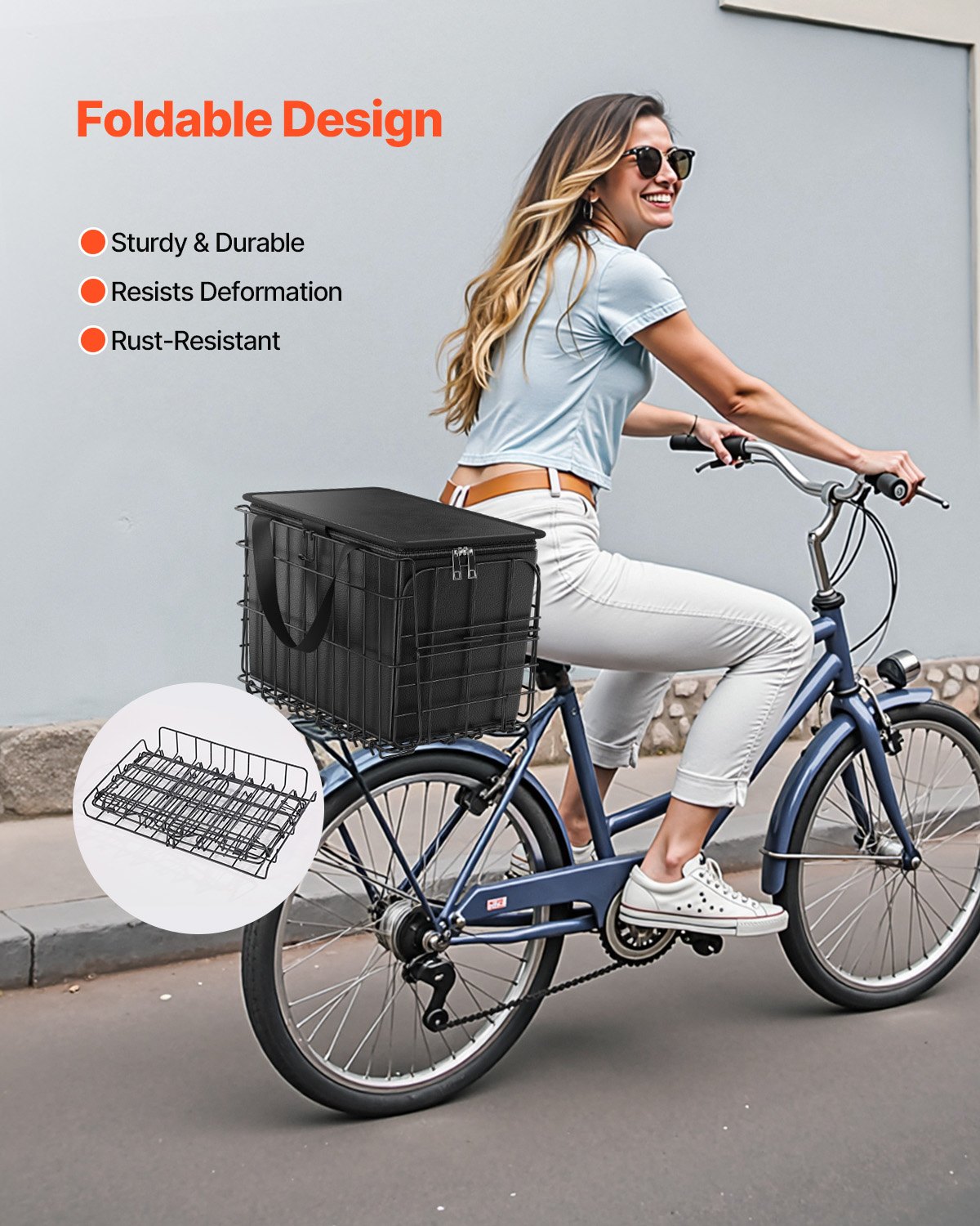 VEVOR Rear Bicycle Basket 340x210x225mm, Foldable Rear Wheel Basket with Cargo Net, Removable Inner Bag & Cover, Luggage Carrier Basket for Transporting Dogs, Pets, Fruit & Groceries