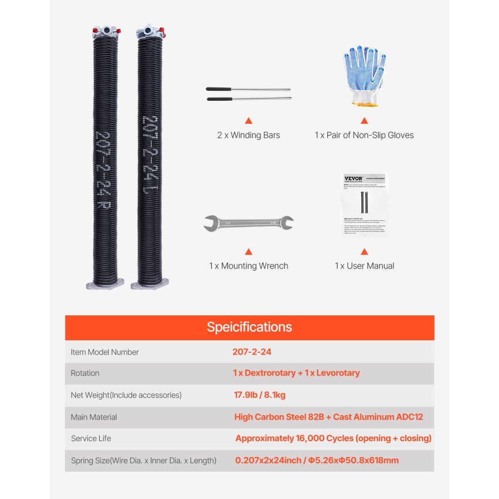 VEVOR Resortes de Torsión para Puertas de Garaje con Barras de Enrollado Antideslizantes y Guantes, Par de Φ5,26 x Φ50,8 x 618 mm, 16 000 Ciclos, Revestimiento Negro de Electroforesis para Reemplazo